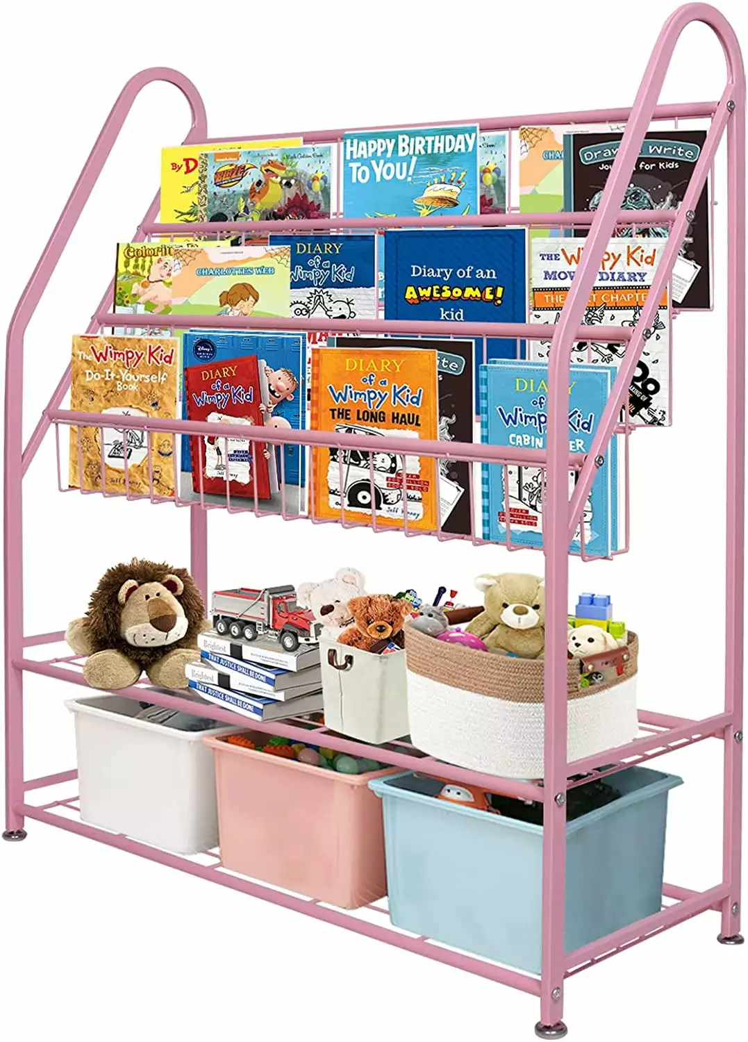 aboxoo Metal Kids Pink Bookshelf Freestanding Children Girls Room 32 inches Large Toddler Pink Stable Bookcase Bookstore L...