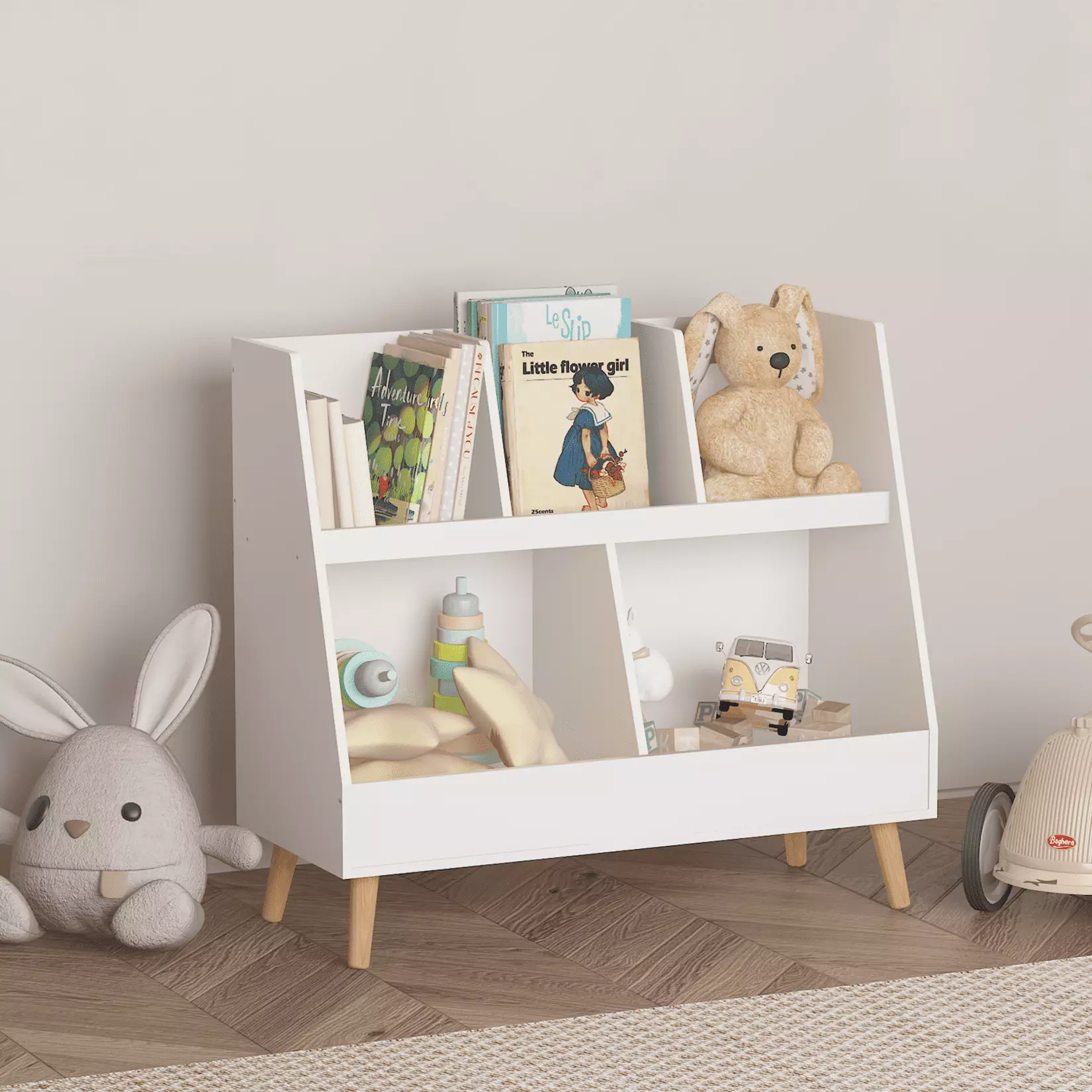 Kids Bookshelf and Toy Arranger 5 Cubbies Wooden Open Bookcase 2-Tier Baby Storage Display Arranger Legs Playing Room Bedr...