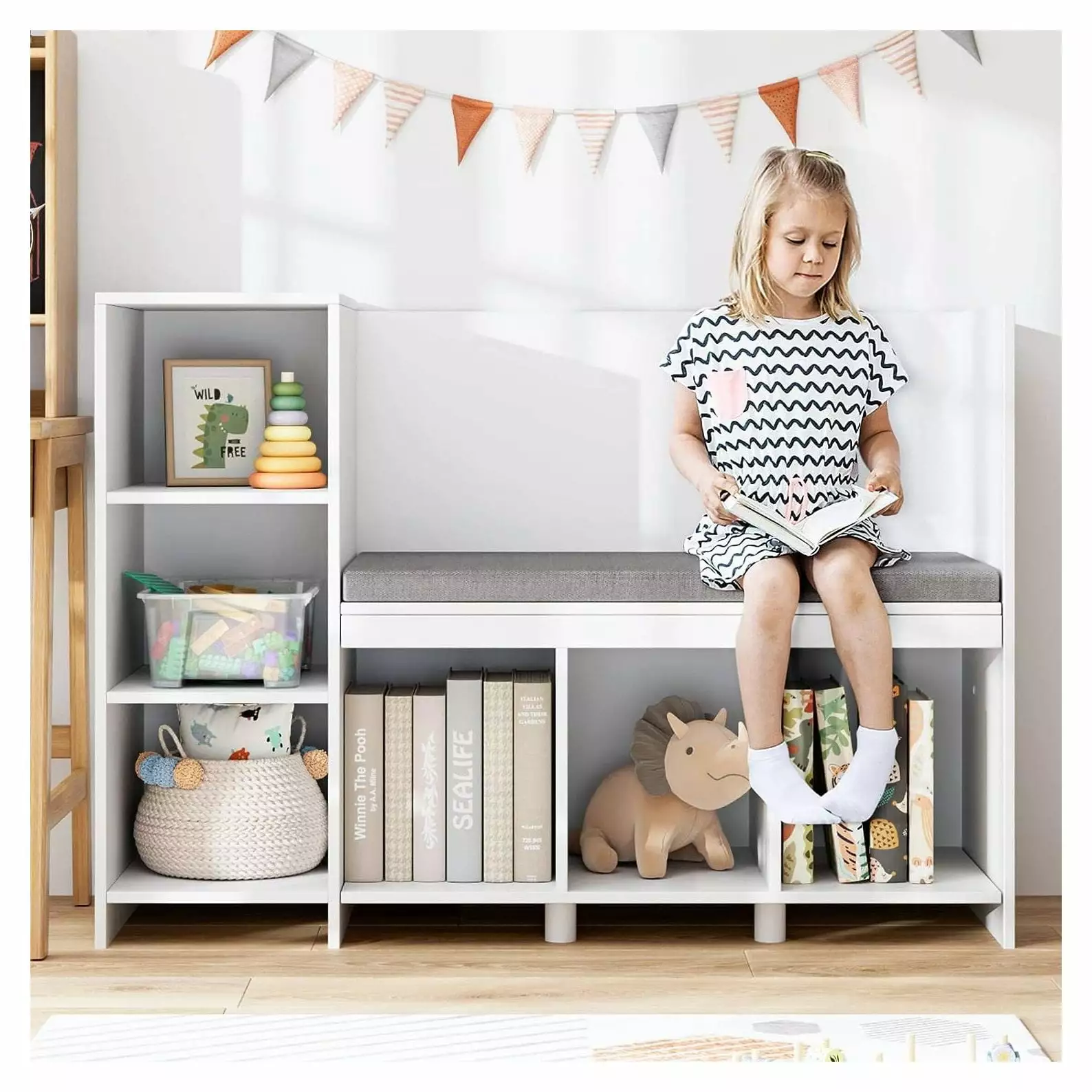 CodYinFI Kids Bookshelf Reading Nook 6-Cubby Bookcase Removable Cushion Adjustable Shelf White