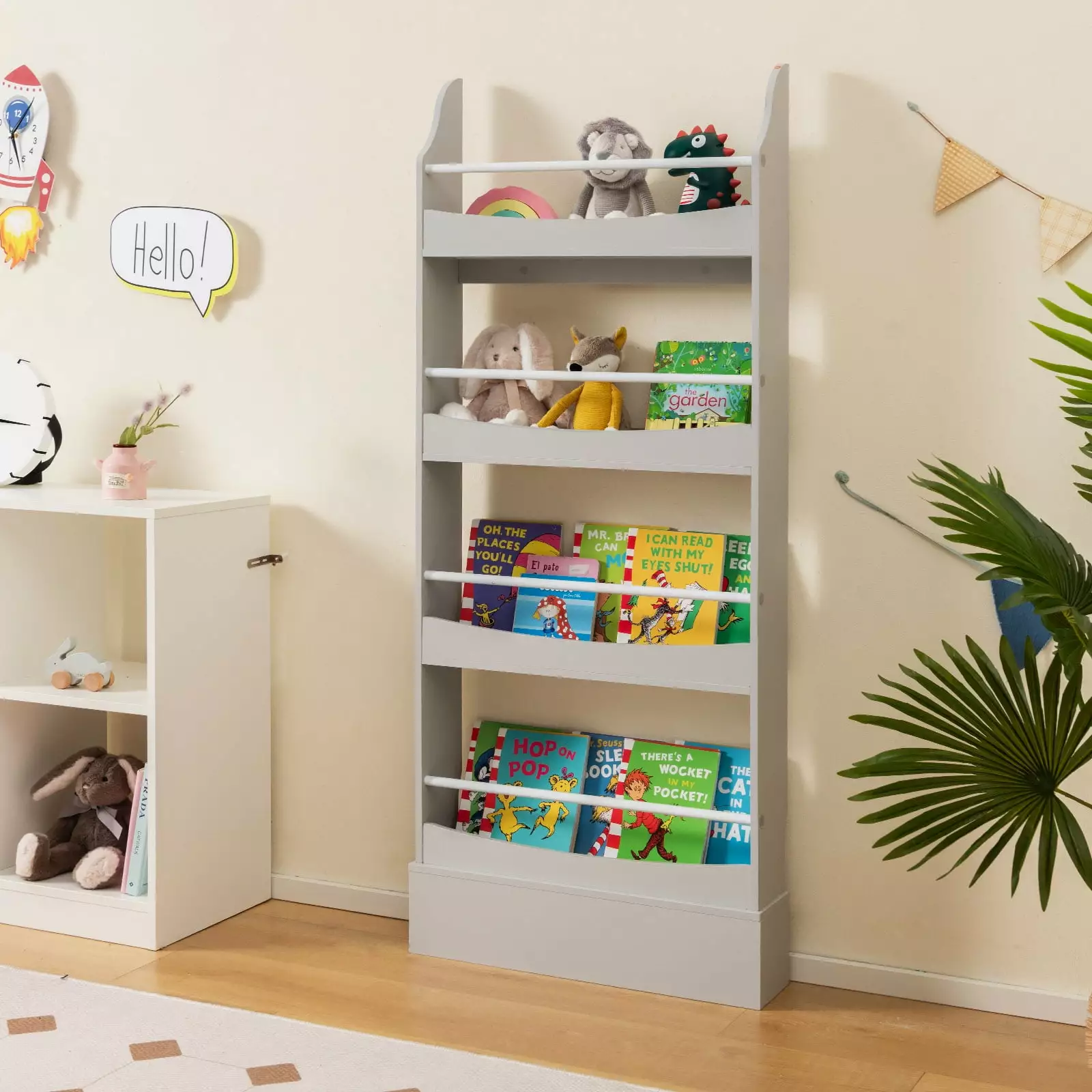 Coelon 4-Tier Kids Bookshelf Anti-toppling Device Gray Children's Bookcase Toy Storage