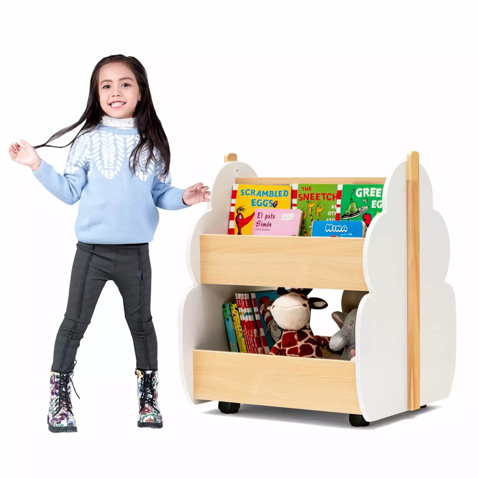 Coelon Kids Wooden Bookshelf Universal Wheels 2-Tier Storage Shelf White