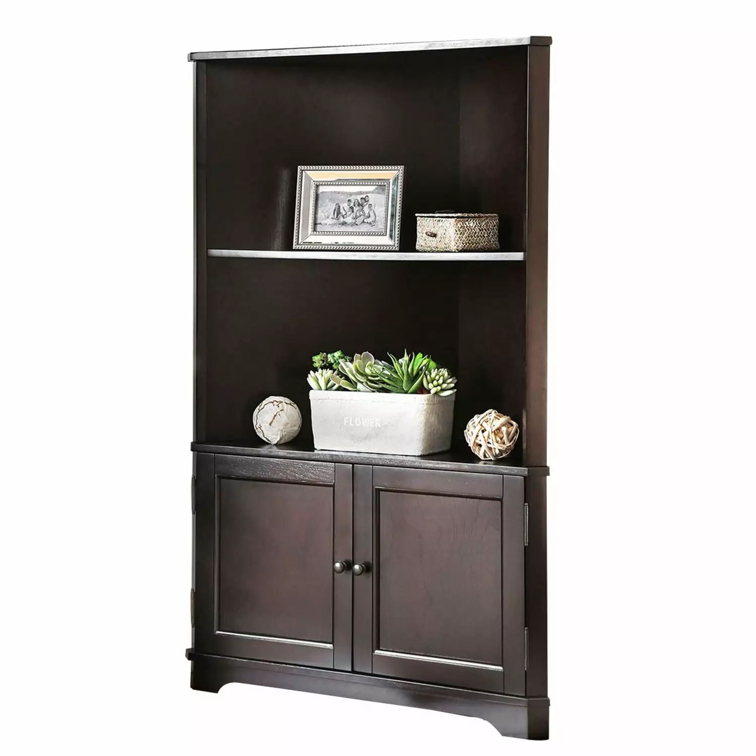 Benjara Wooden Bookshelf 2 Open Compartments and 2 Doors Walnut Brown Convenience Concepts
