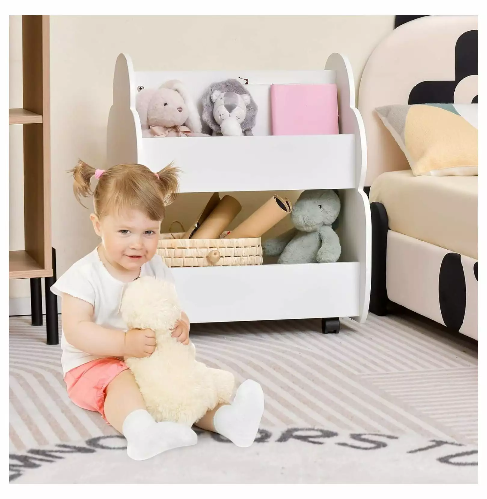 Drevy Kids Bookshelf Wheels Wooden Bookcase Toy Storage Cabinet Bedroom Playroom Nursery