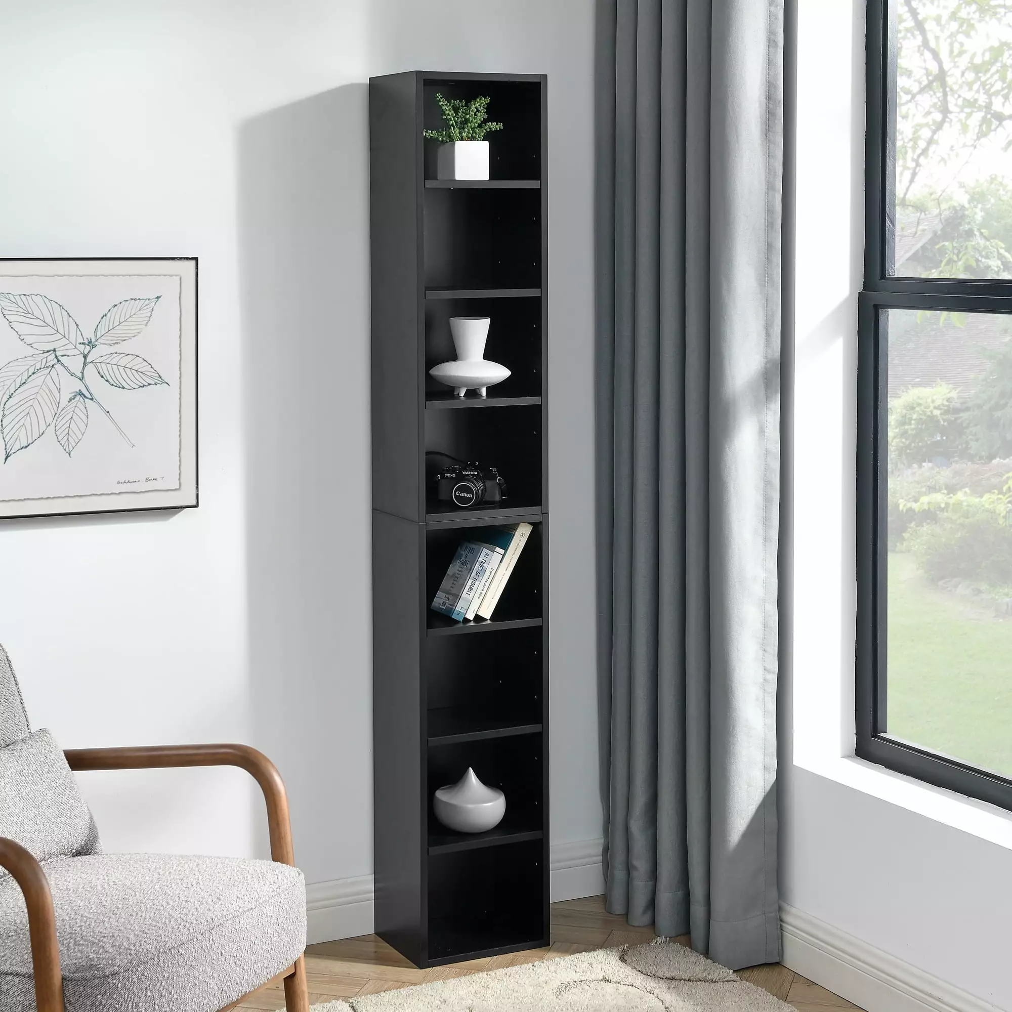 8 Tier Tall Narrow Bookshelf Small Spaces Adjustable Shelves Home Office Kids Room Media CD Storage Gagihoom