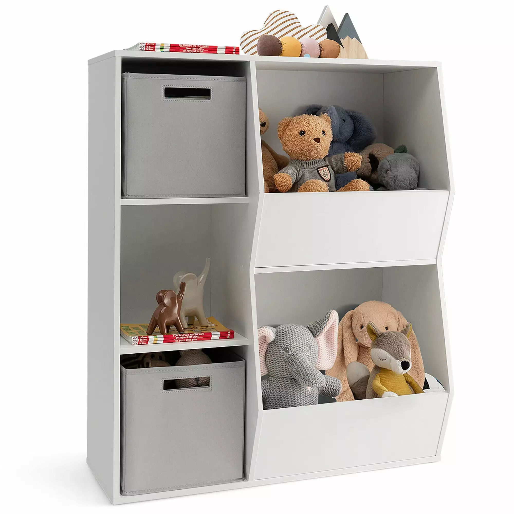 Gymax Kids Toy Storage Arranger 5 Cubbies Wooden Bookshelf Display Cabinet Drawers
