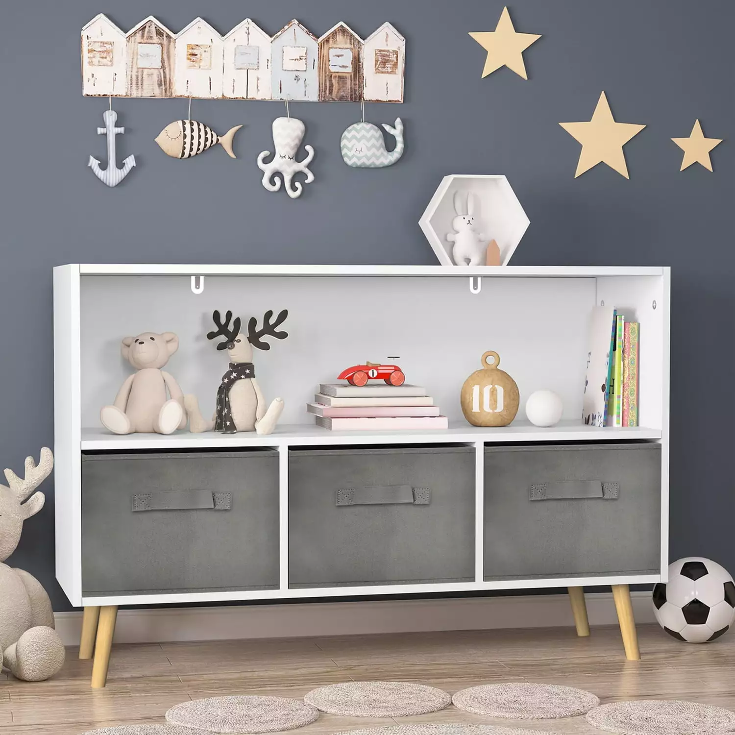 GZXS Toy Storage Organizer Kids Bookshelf Collapsible Fabric Drawers and Pine Legs Gray and White