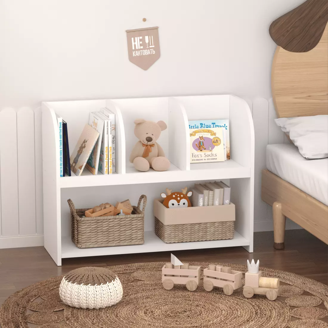 Hassch Toy Storage Arranger Kids - 4-Section Wooden Bookshelf Classroom Playroom Nursery Kindergarten White