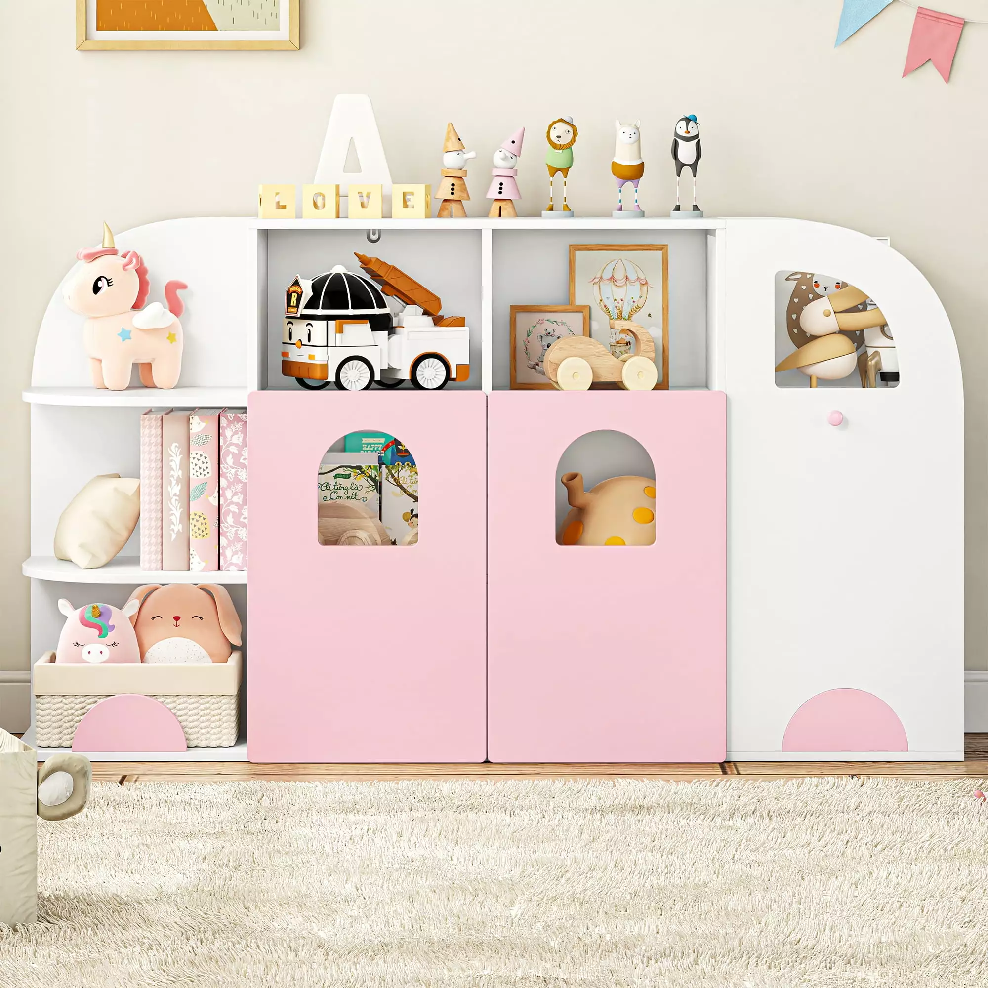 Homfa Multifunctional Kids Bookcase Door 6 Shelves & Toy Storage Cube White and Pink