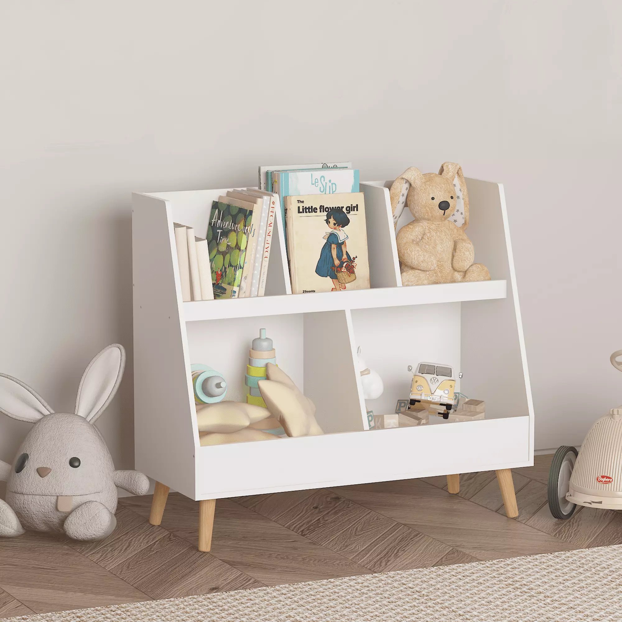 Kids Bookshelf and Toy Arranger 5 Cubbies Wooden Open Bookcase Legs HOMIQUEEN