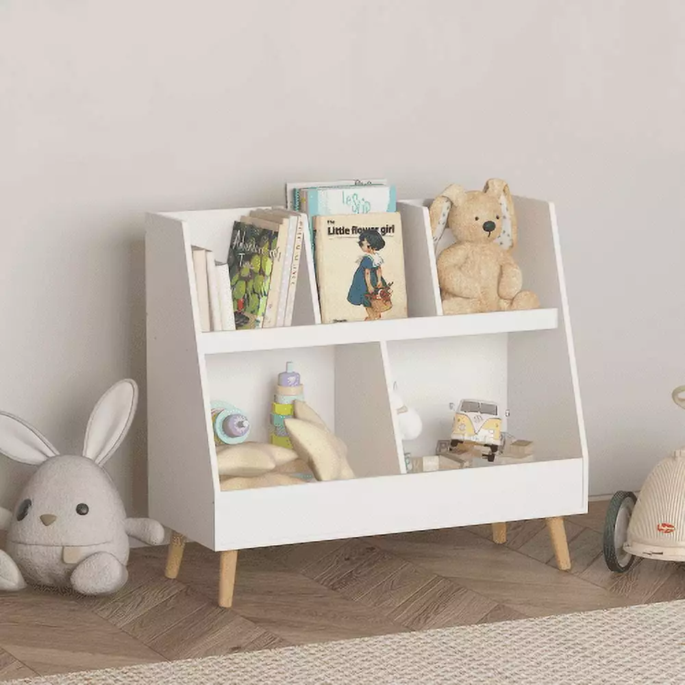 Kids Bookshelf and Toy Arranger 5 Cubbies and 2-Tier Open Bookcase Nursery or Classroom White Hypeshops