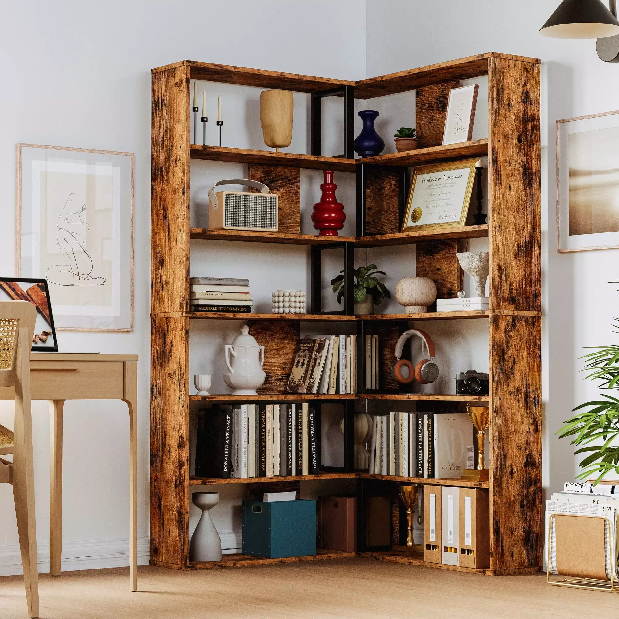 Bookshelves 6-Tier Industrial Large Corner Shelf Bookcases Display Storage Shelves Vintage Brown IRONCK