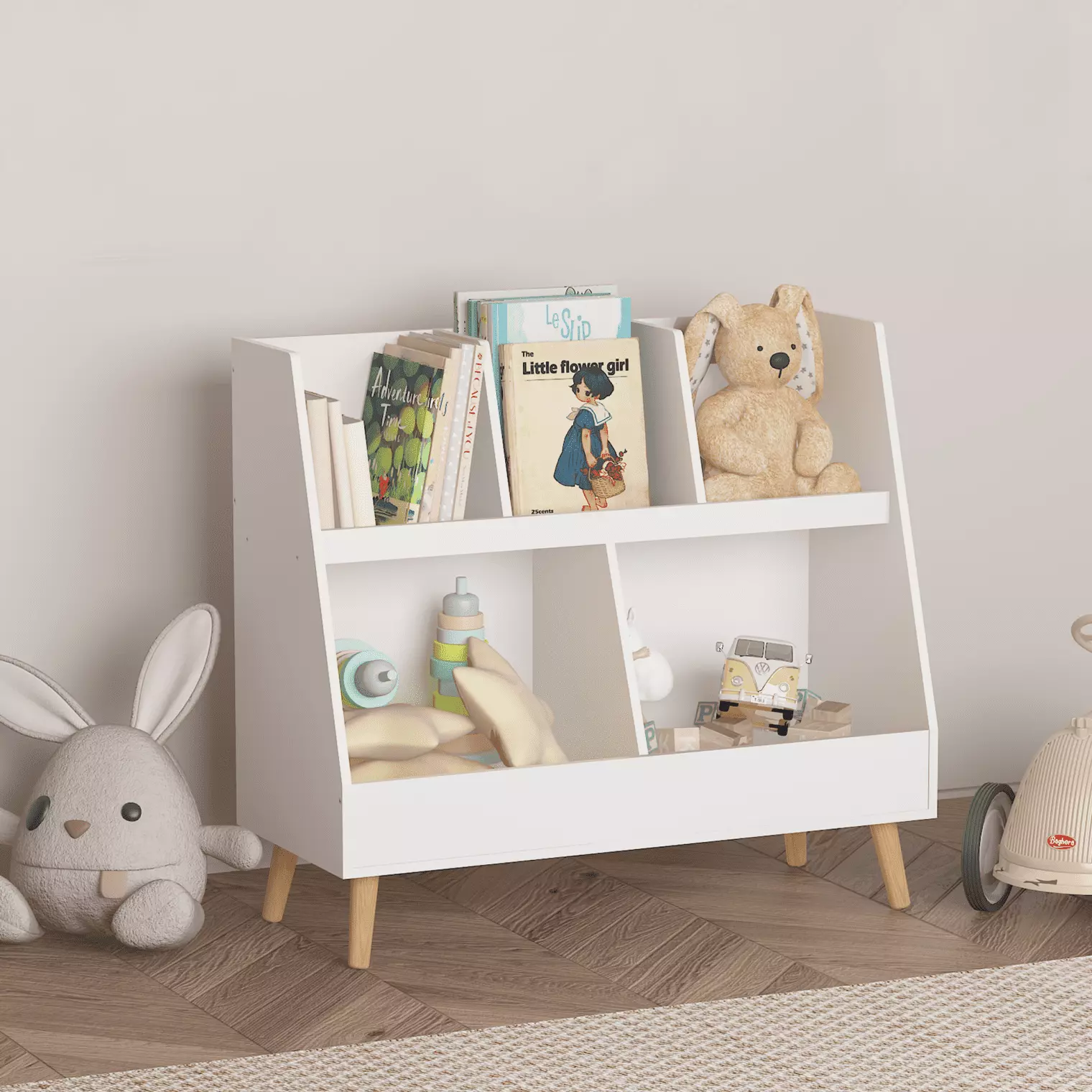 Bookshelf and Toy Storage Arranger Wooden Open Bookcase Pine Legs White JAMPOOCA