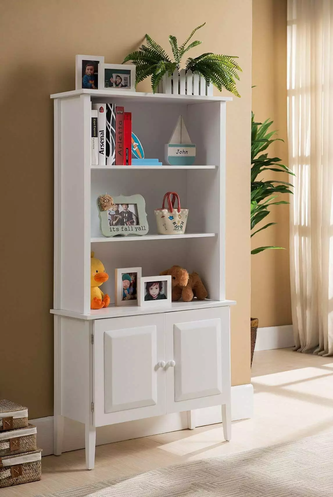Kings Brand Furniture Wood Kids' Bookcase 3 Open Shelves & 2 Doors White
