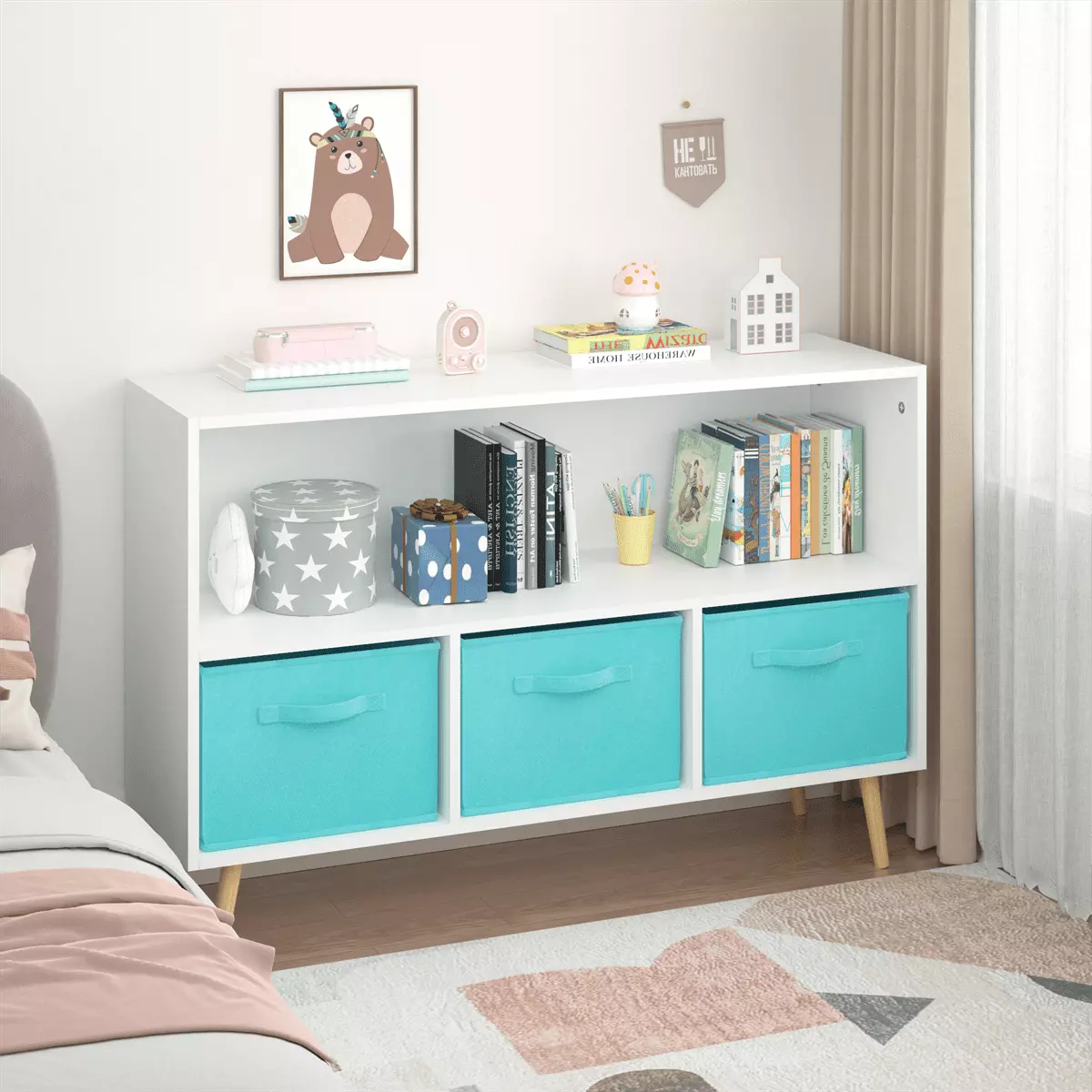 Kids Bookcase Collapsible Fabric Drawers Toy Storage Cabinet Arranger Children's Book Display White Blue LULEEYANG