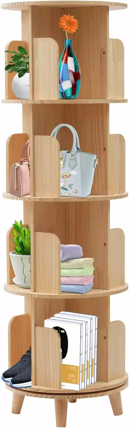 Miumaeov 4-Tier Wood Rotating Bookshelf Stand Storage Rack Smooth Finish Home Office