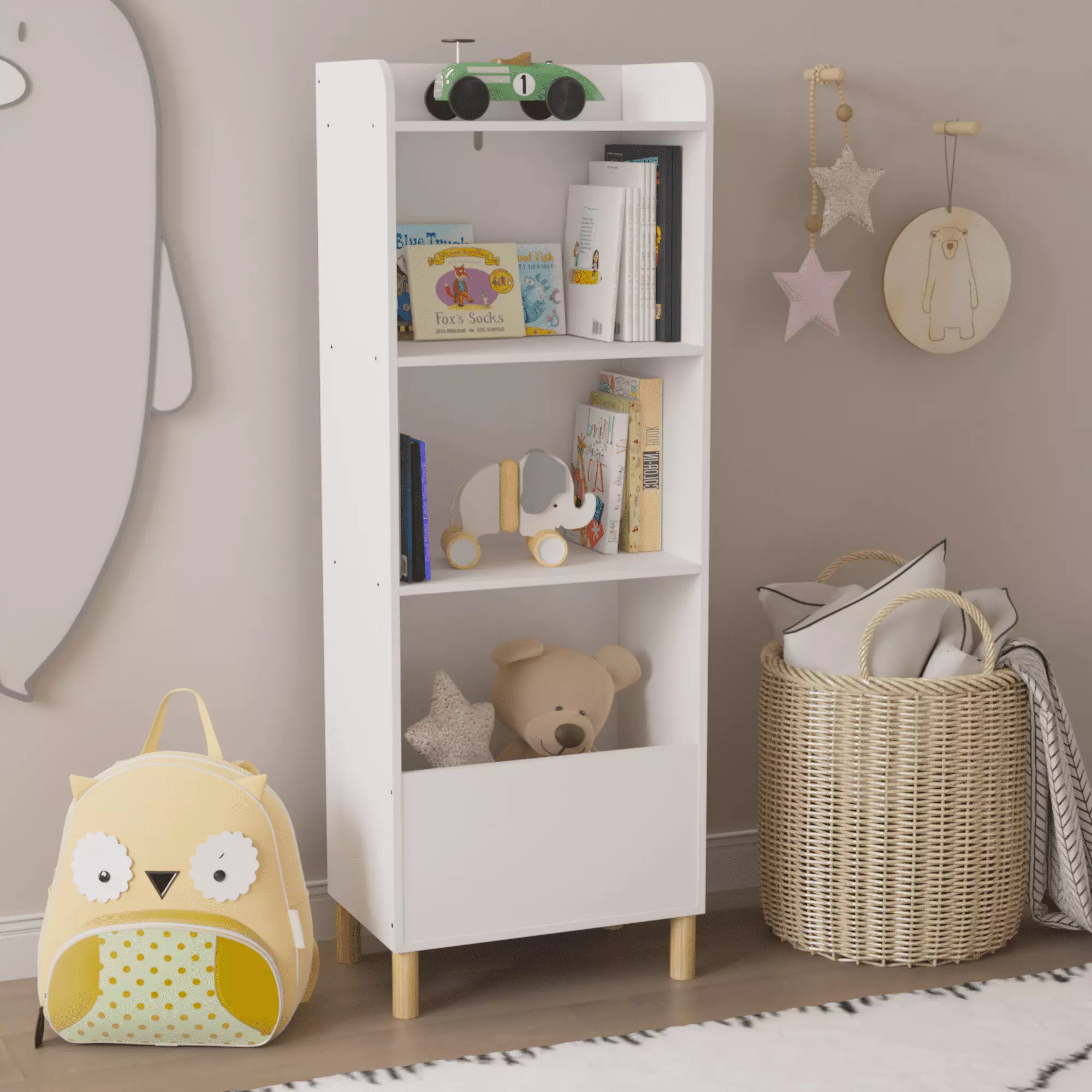 4-Tier Kids Bookshelf Wall Storage Shelf Playroom or Kids Room White None