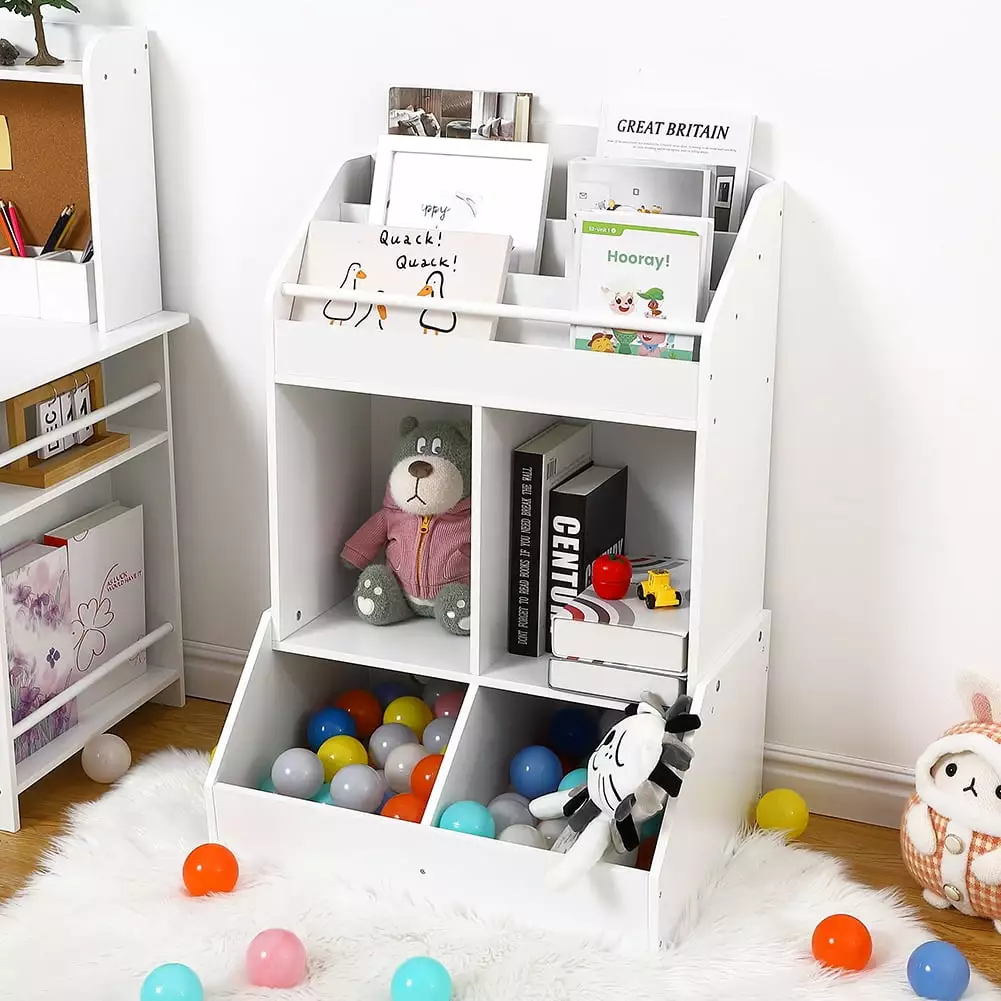 White Kids Bookshelf and Toy Storage Wood Book Shelf Arranger Toddler Playroom Nursery Patikuin