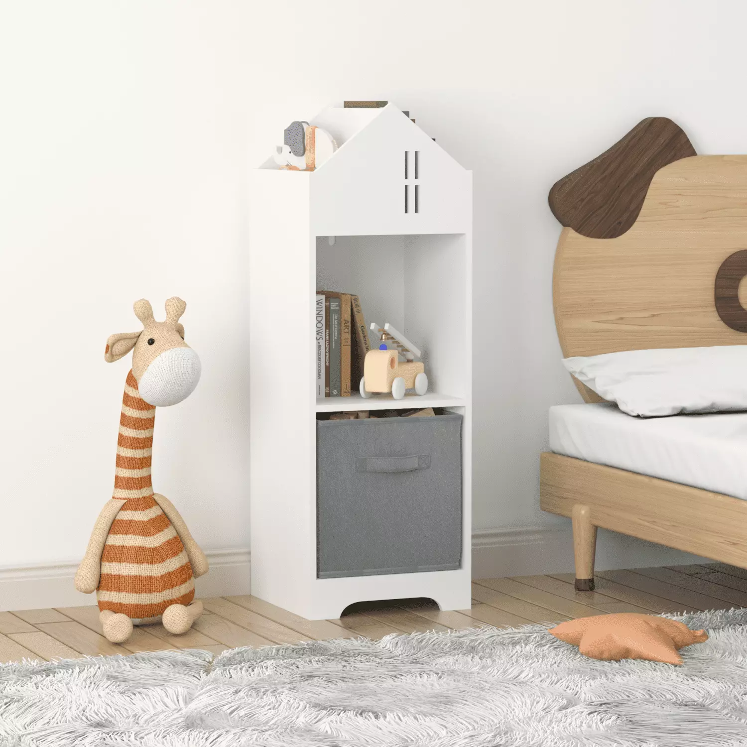 Kids Dollhoutilize Bookcase Storage 2-Tier Storage Display Arranger Collapsible Fabric Drawers Bedroom Playroom White Gray...