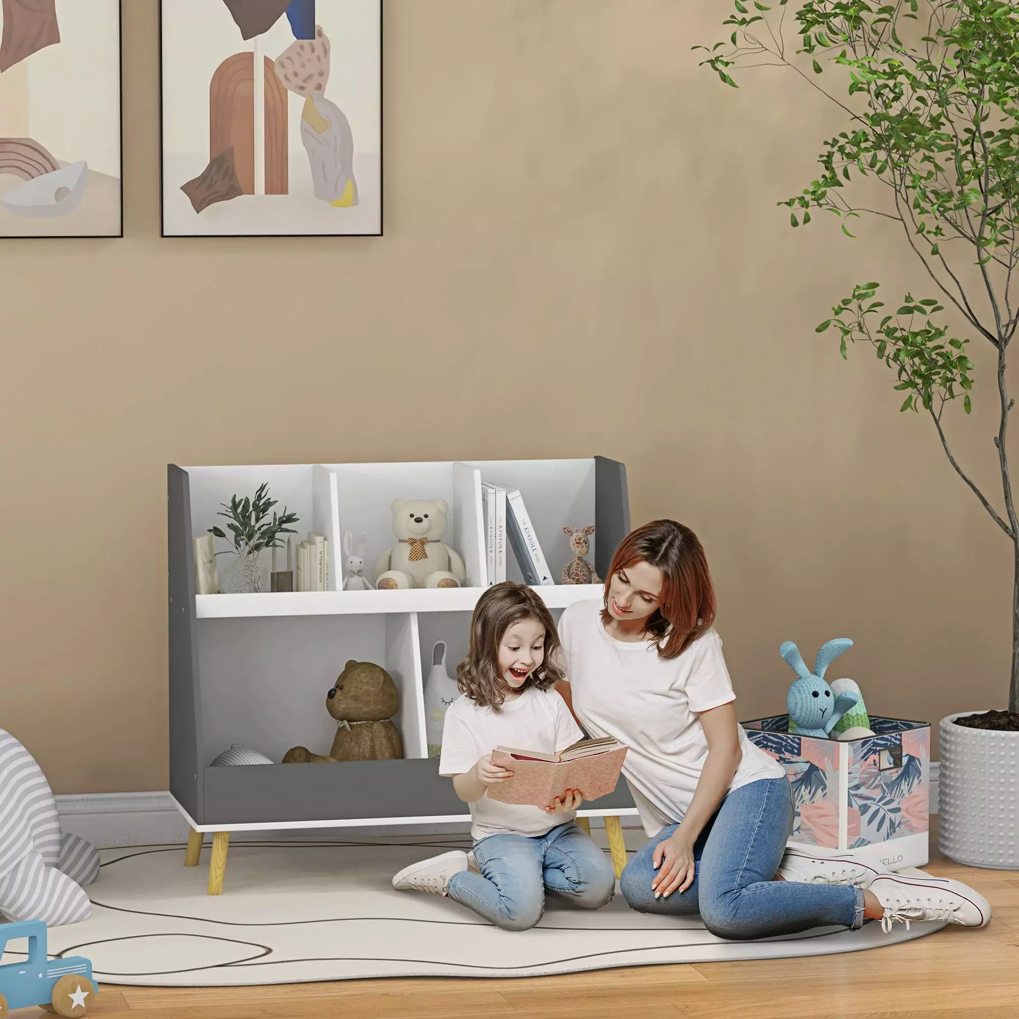 Qaba 2 Tier Kids Bookcase Toy Shelf 5 Compartments Gray