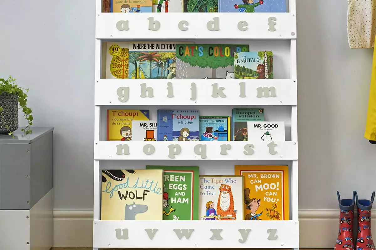 Tidy Books Kids Bookshelf ABC Book Display Shelf Eco Friendly Handmade White and Gray Alphabet