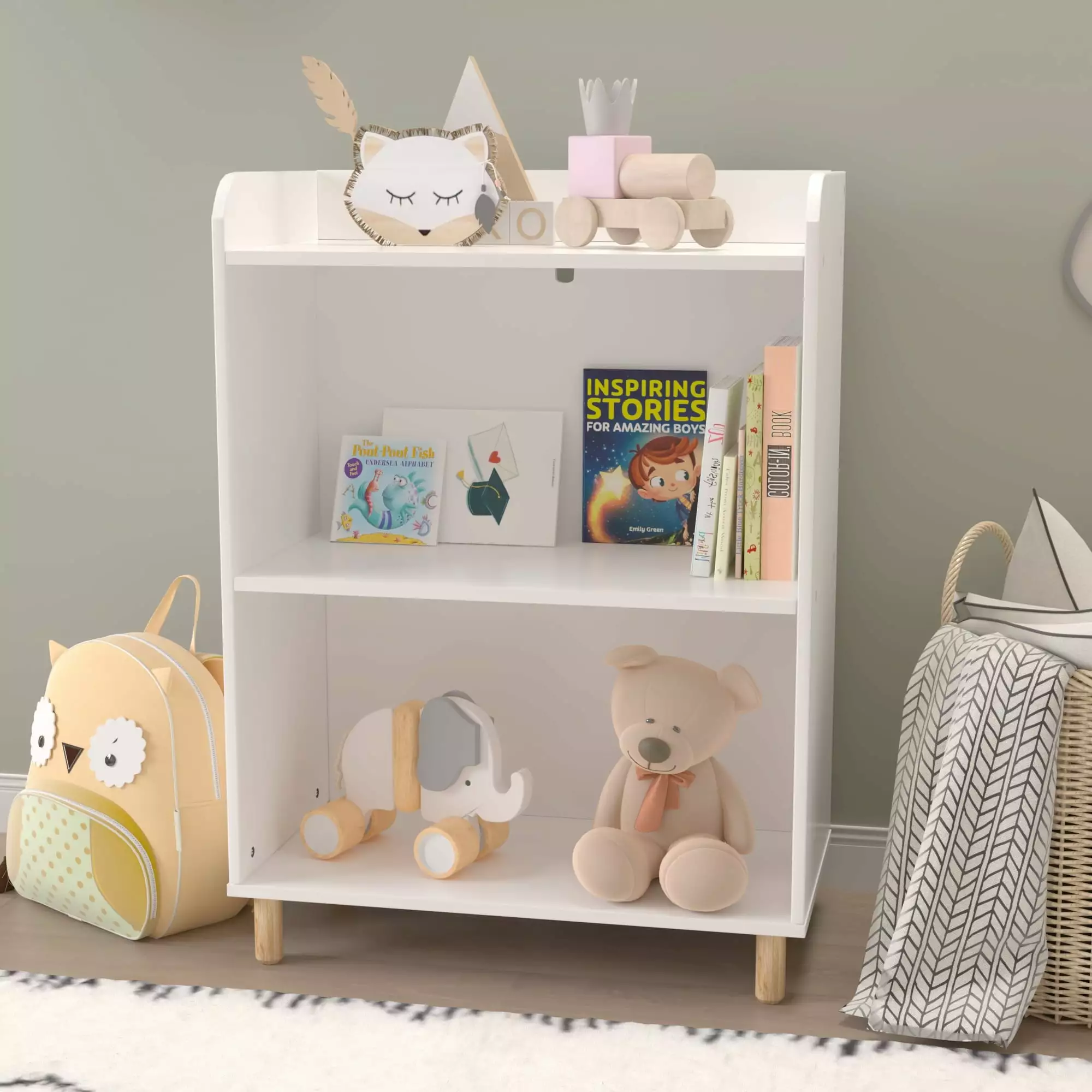 UHOMEPRO Kids Bookshelf 2 Shelf Open Book Storage Shelves Organizing Childrens Toys Playroom Bedroom White