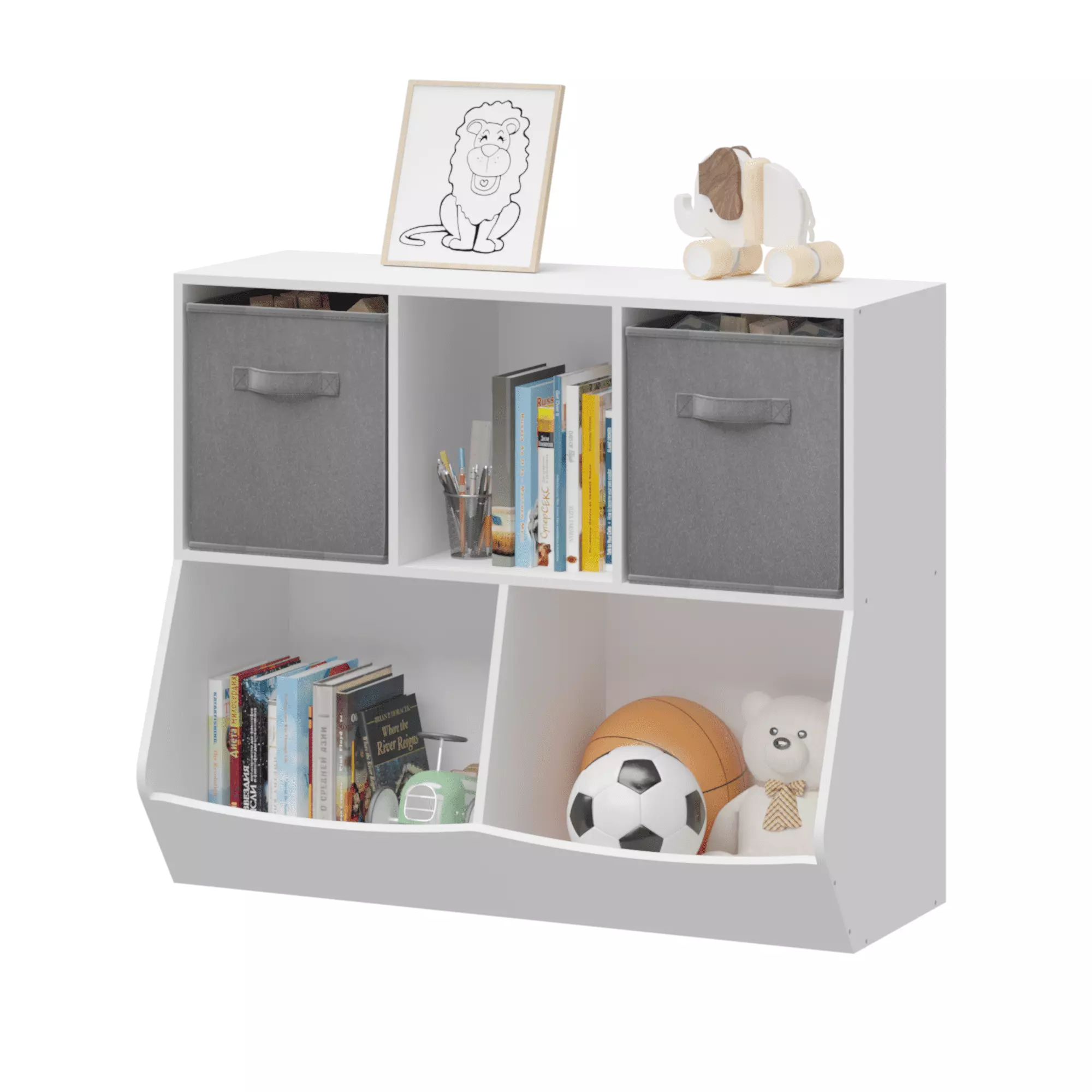 Kids Wooden Bookcase Collapsible Fabric Drawers Children's Toy Storage Cabinet White Gray Unbrand