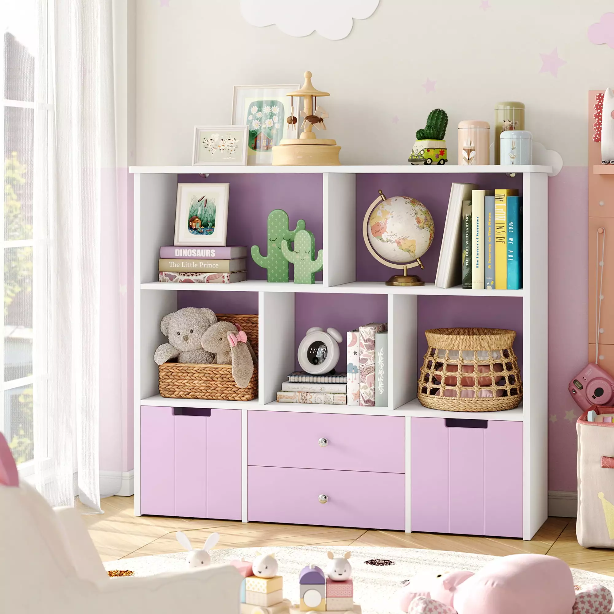 Urkno Kids Bookshelf 5 Cubby & 4 Drawers - Pinkish White Toy Storage Organizer