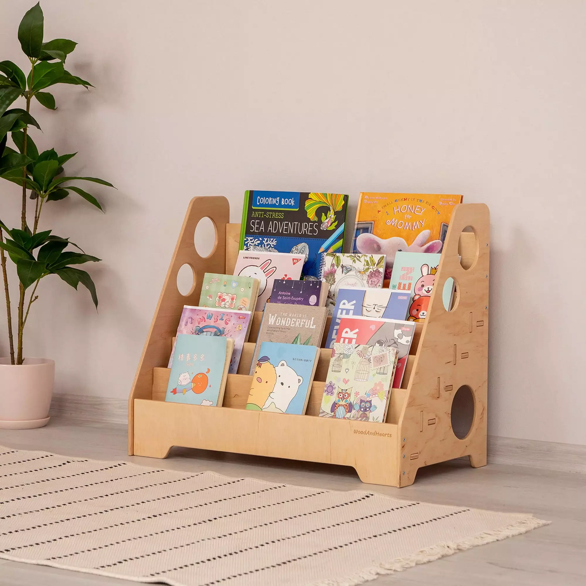 Woodandhearts Floor Kids Bookshelf Montessori Toddler Wood Bookcase Ages 1-6