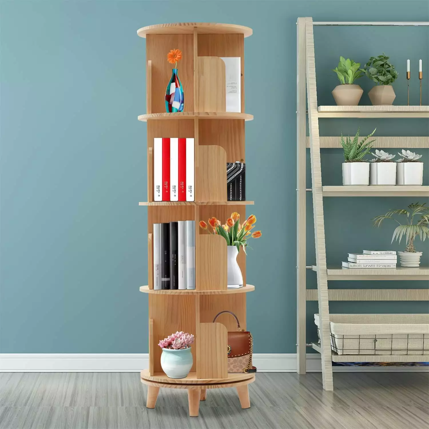 YIYIBYUS Rotating Bookshelf Wood Floor Standing Bookcase 4 Tiers Storage Rack Home Office