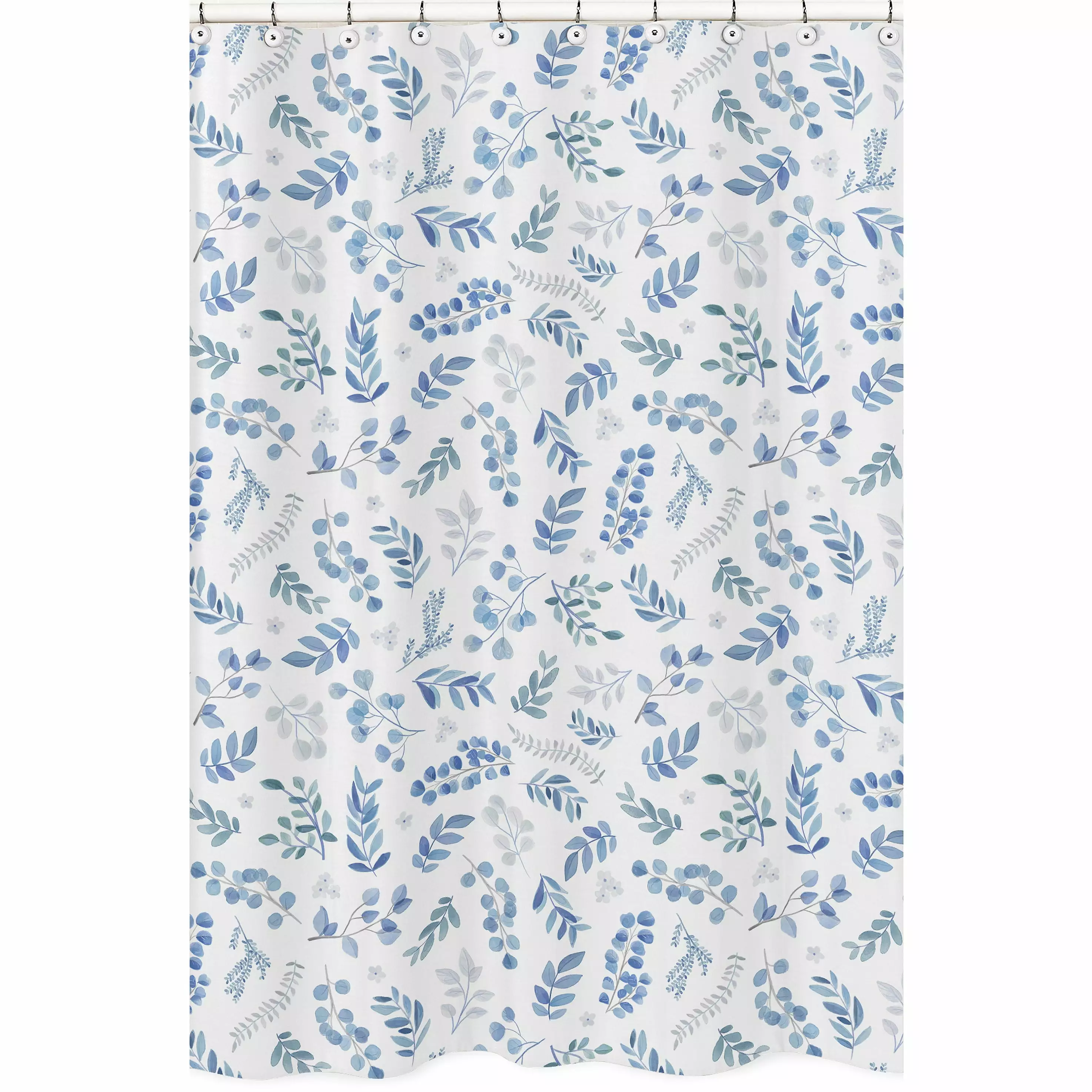 Sweet Jojo Designs Floral Leaf Blue Grey White Boho Watercolor Shower Curtain Botanical Bathroom Decor