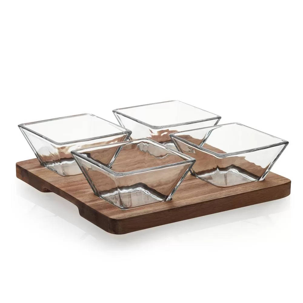 Libbey Acaciawood 4-Piece Glass Antipasto Bowl Set Wood Serving Board Appetizers