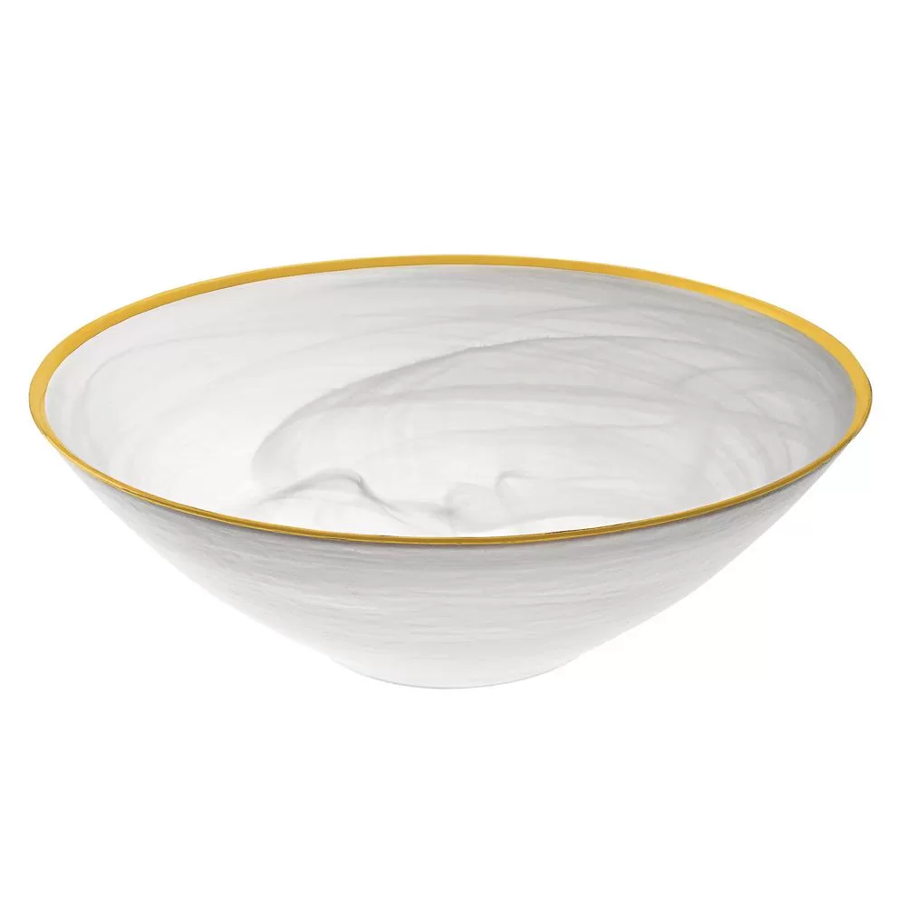 Badash Crystal 10 Inch White Glass Alabaster Bowl Gold Rim Elegant Serving Bowl