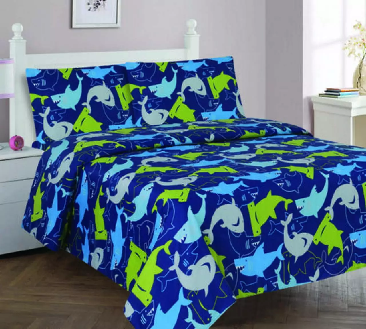 3 Piece Full Shark Blue Kids Microfiber Bedding Quilt Set Pillow Shams SAMIMPORT-2011