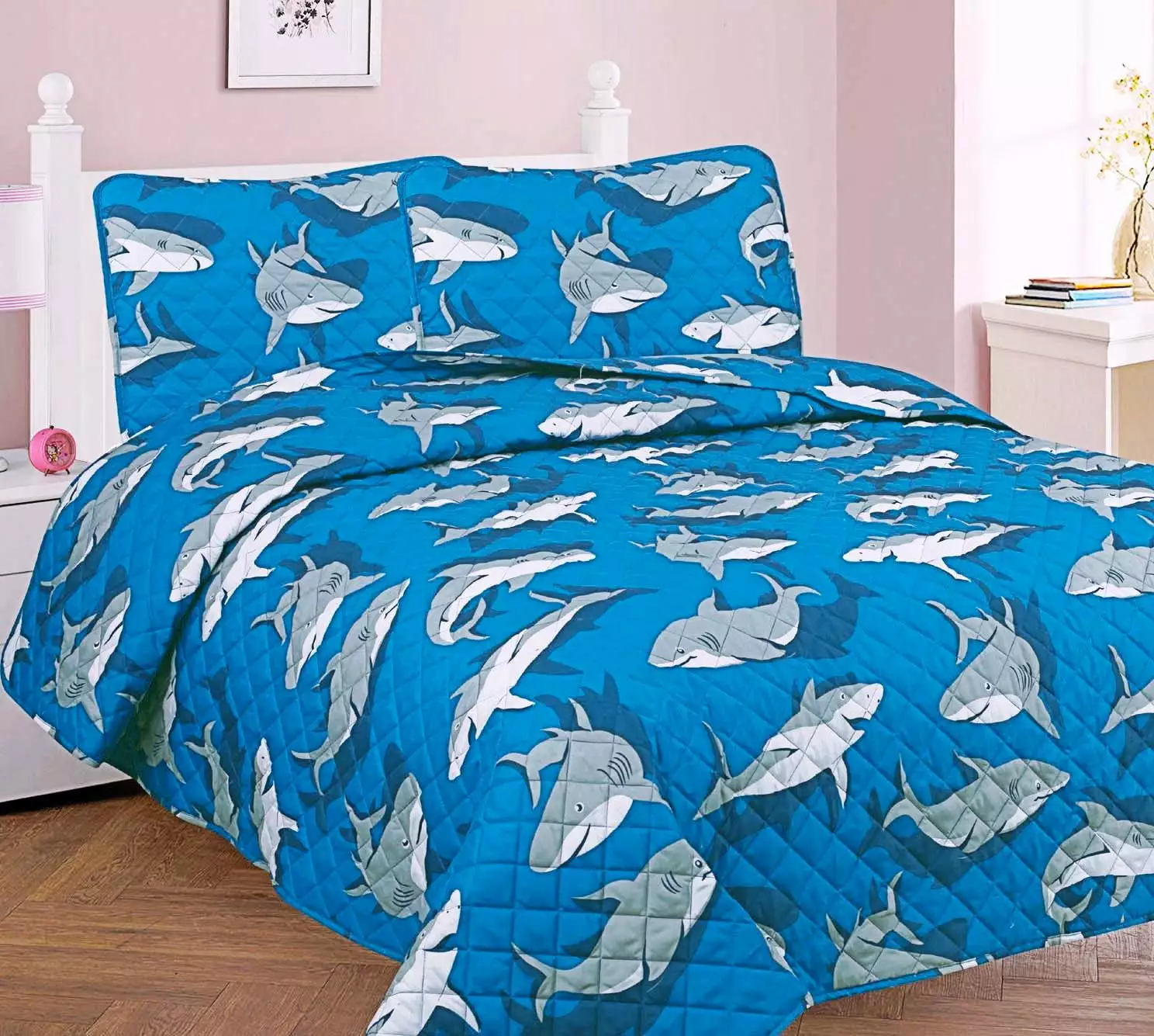 3 Piece Full Shark Old Teal Kids Microfiber Bedding Quilt Set Pillow Shams SAMIMPORT-2011