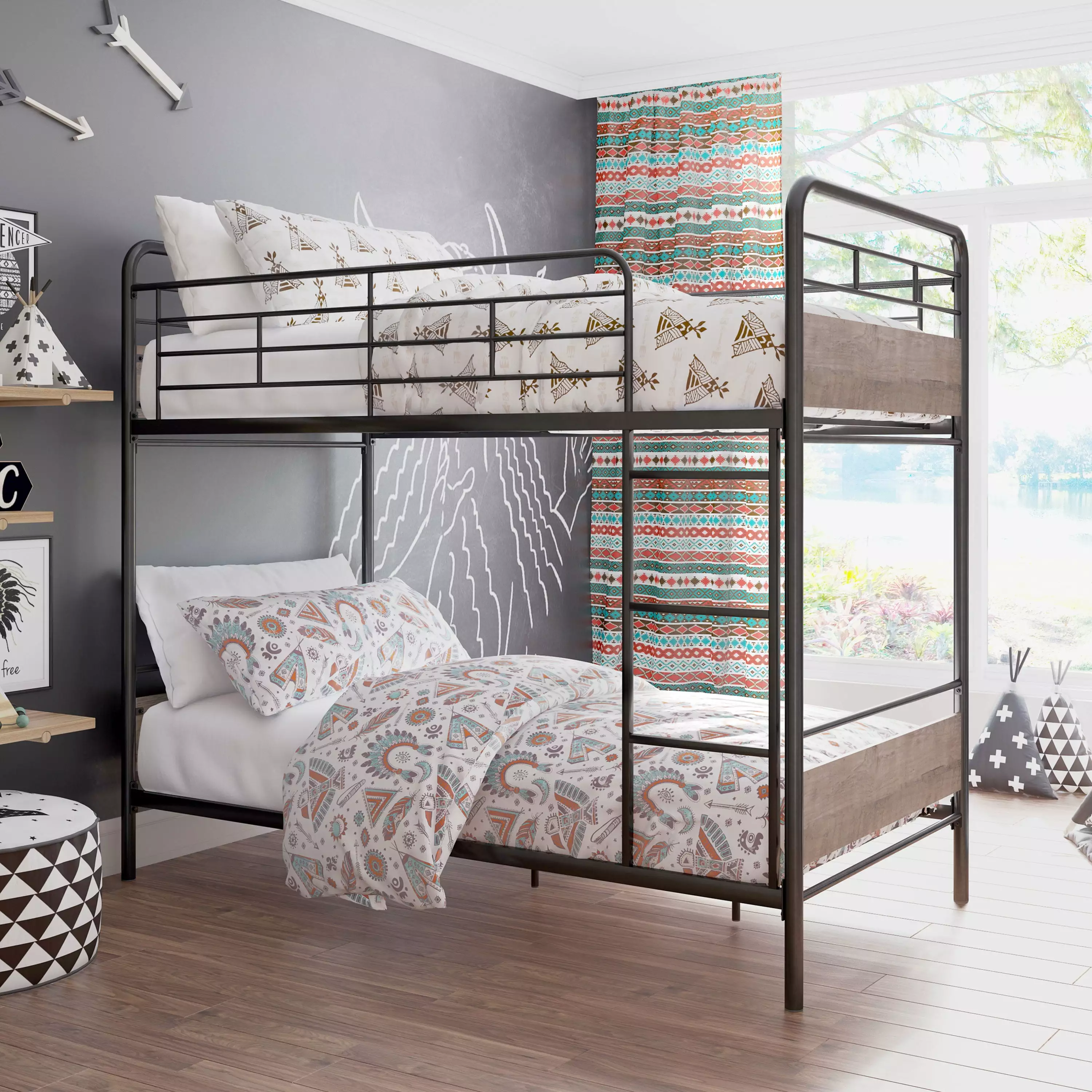 Better Homes & Gardens Anniston Twin Over Twin Bunk Bed Metal Frame Rustic Gray Accents