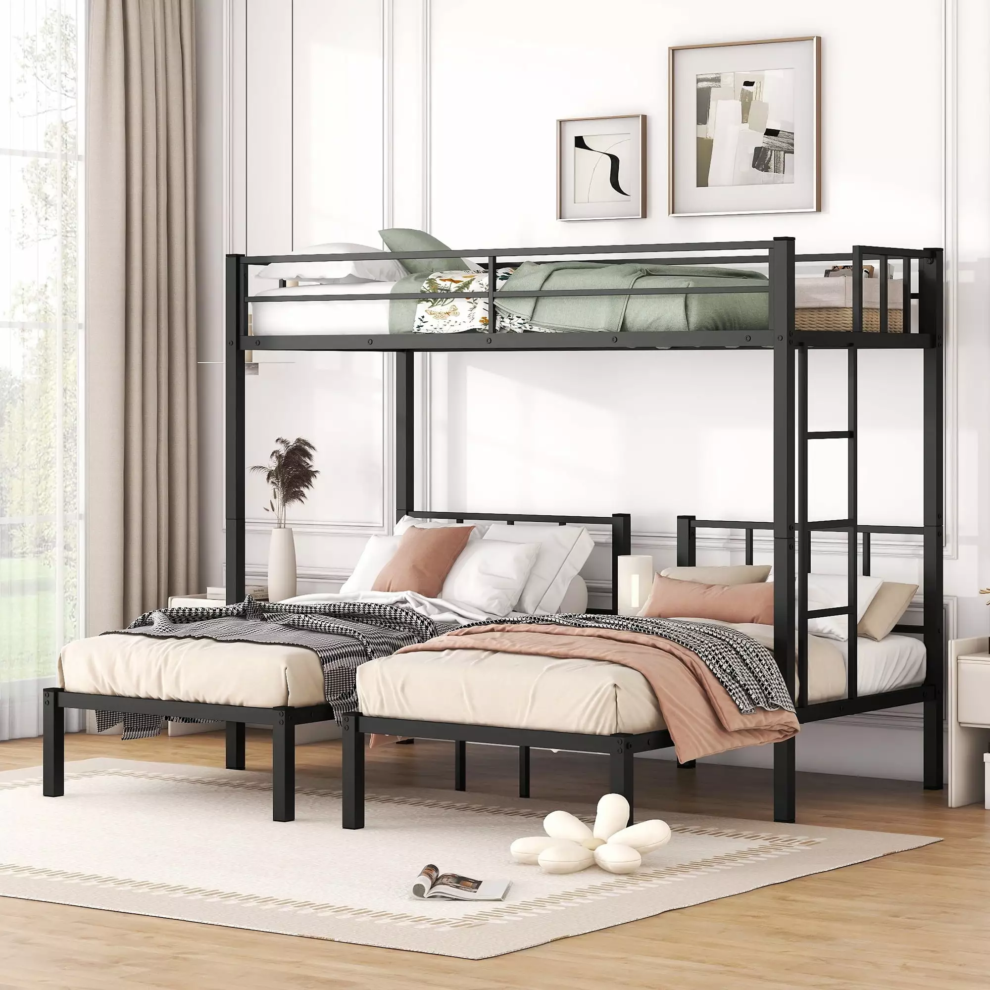 CITYLE Metal Triple Bunk Bed 3 Kids Twin Over Twin Over Twin 3-Tier Bunk Bed Guardrail Black