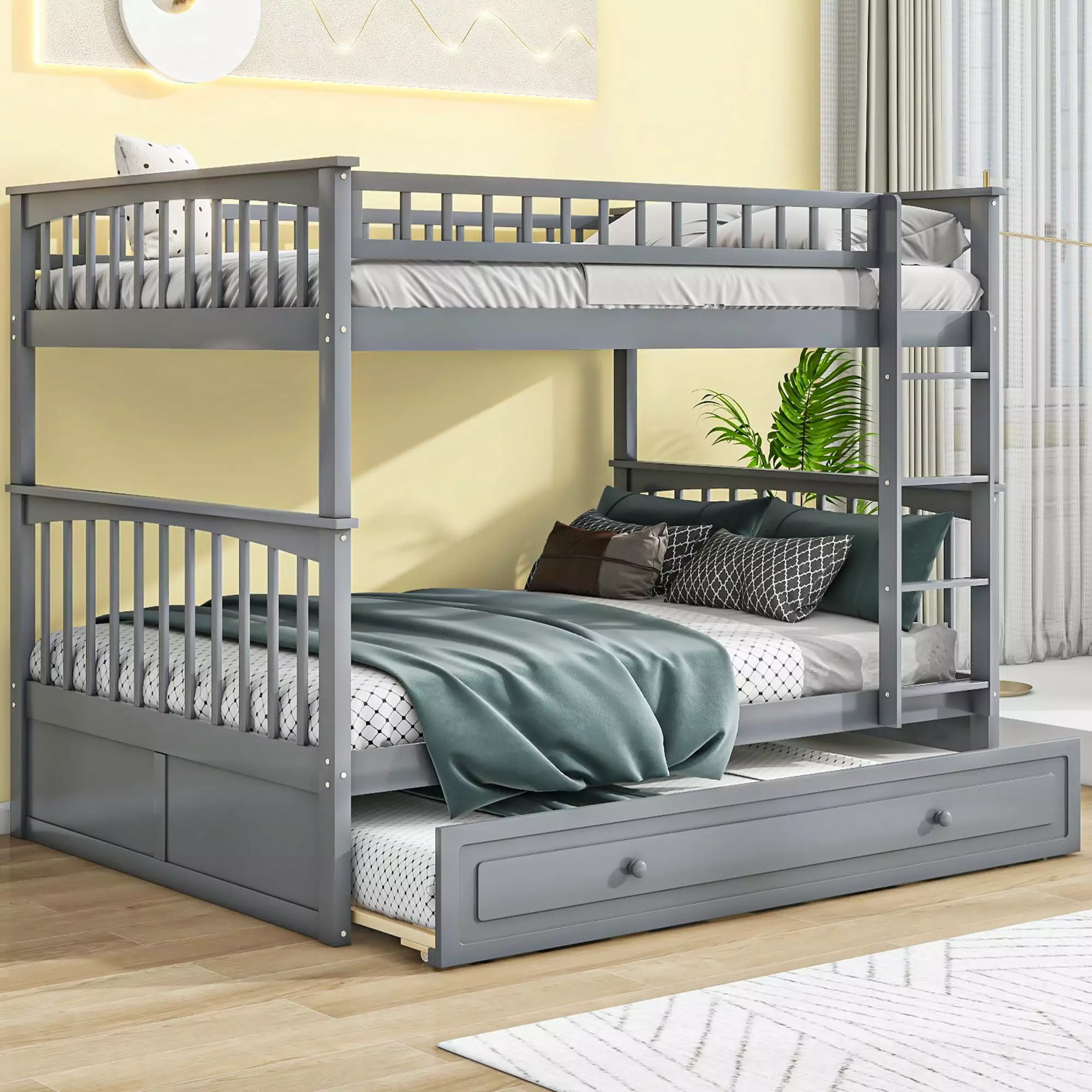 EUROCO Full over Full Bunk Bed Twin Trundle - Space-Saving Bedroom Furniture - Gray