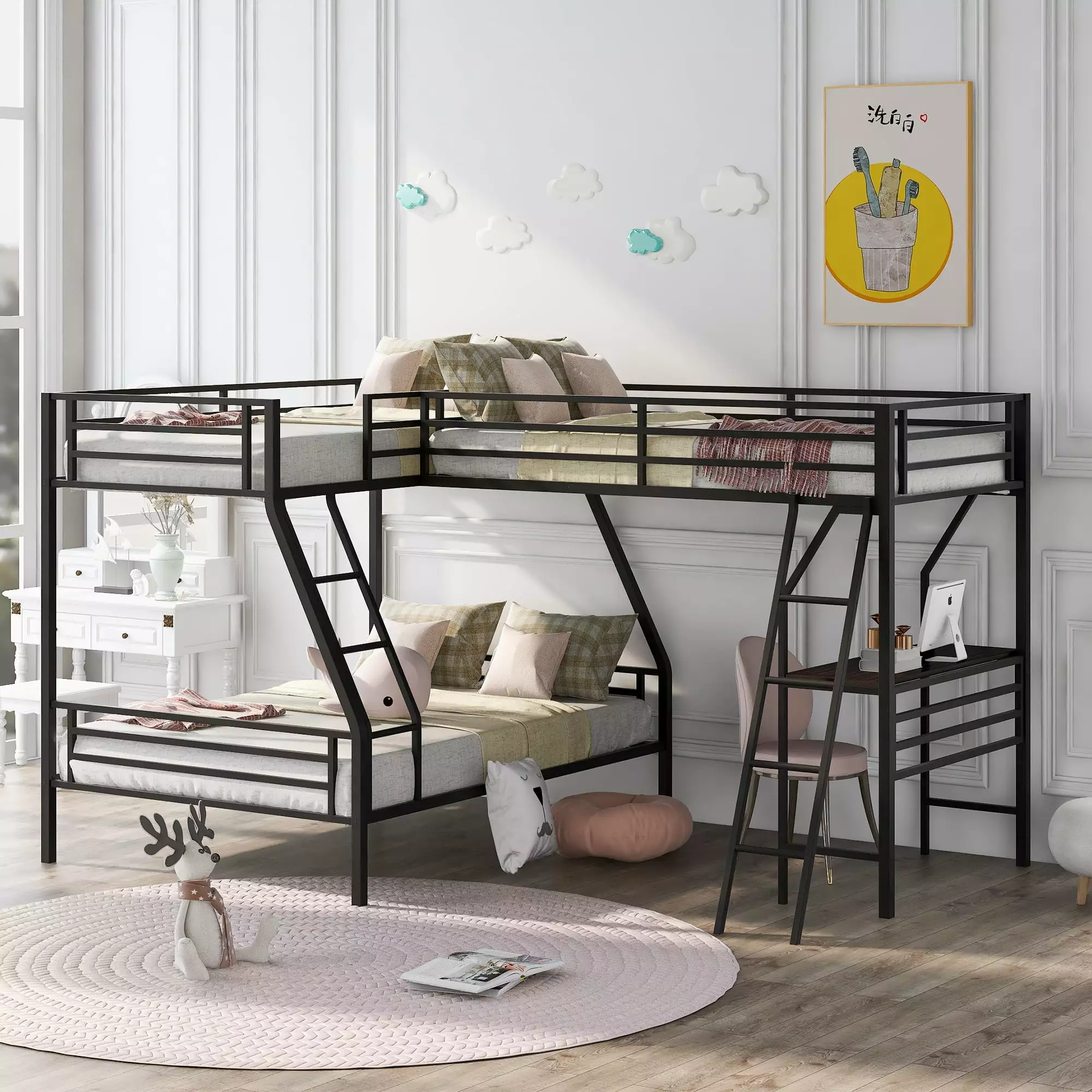 EUROCO L-Shaped Twin over Full Bunk Bed Study Desk - Space-Saving Three Beds One - Black