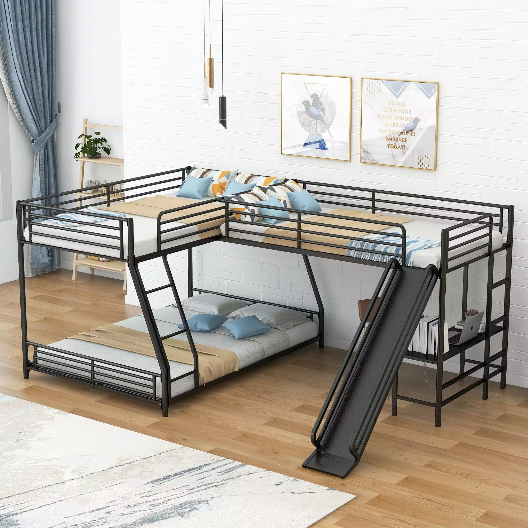 Euroco Metal L-Shaped Twin over Full Bunk Bed Desk and Slide - 3 Beds 1 - Black