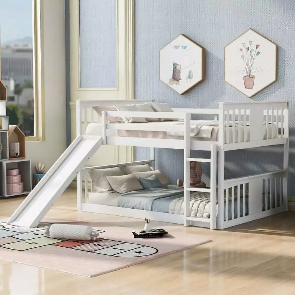 Bunk Bed Cabinet Convertible Slide and Ladder Full Over Full Wooden Low Bunk Bed Frame INCLAKE