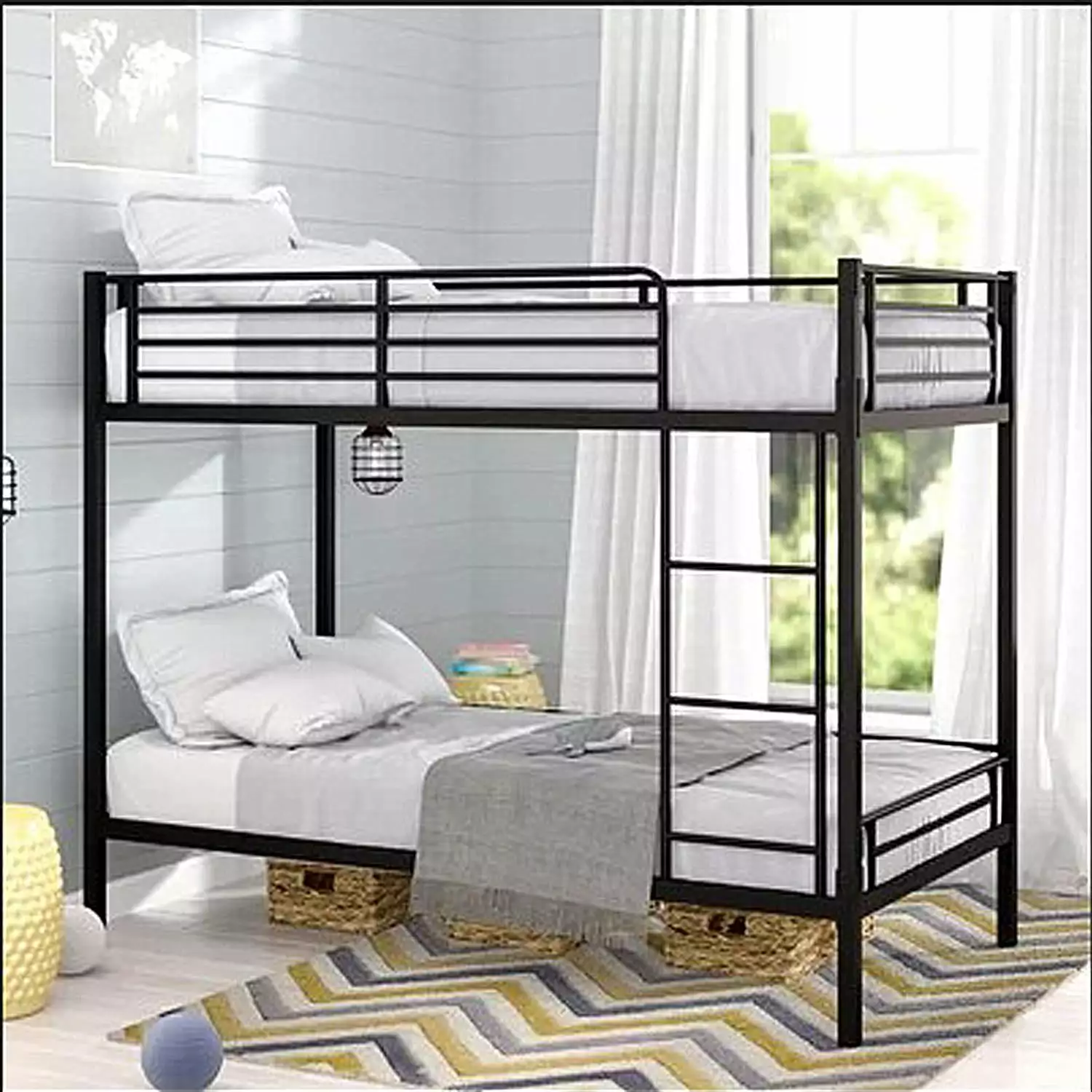 Ktaxon Twin Over Twin Metal Bunk Bed Sturdy Frame Metal Slats Kids Black