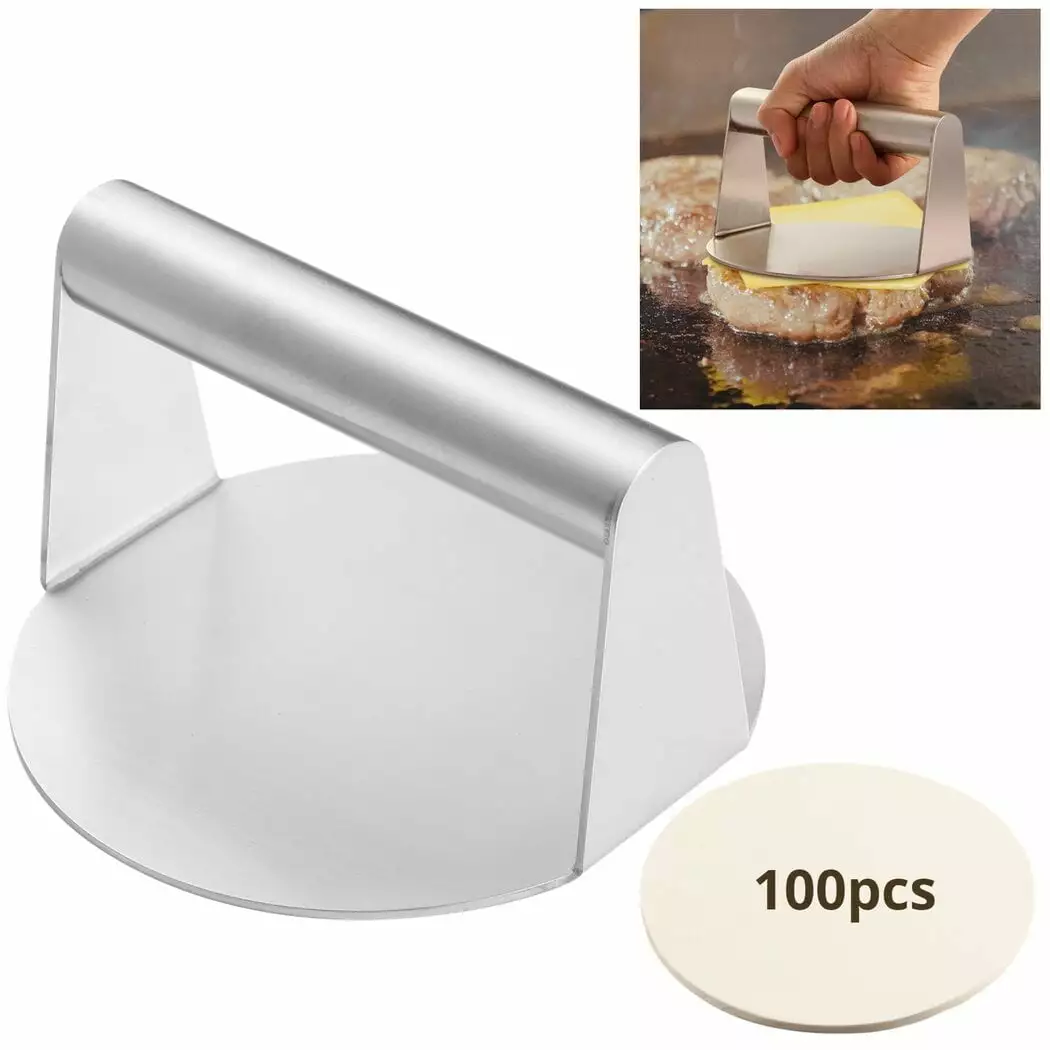 Stainless Steel Burger Smasher 100 Pcs Silicon Paper Flat Top Grills and Cast Iron Pans Coofit
