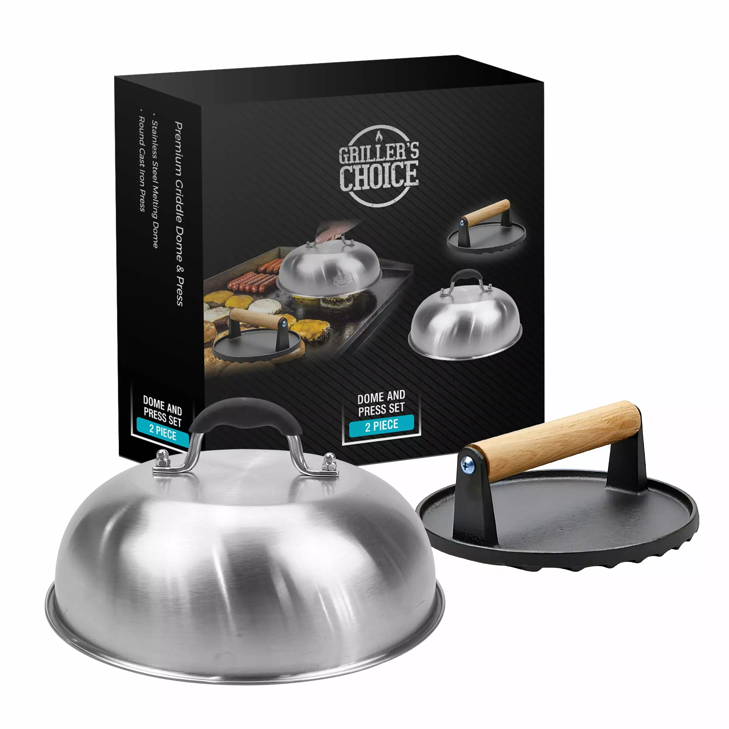 Griller's Choice Smashburger Press and Griddle Dome Cover Long-lasting Cast Iron Round Burger Press Stainless Steel Dome G...