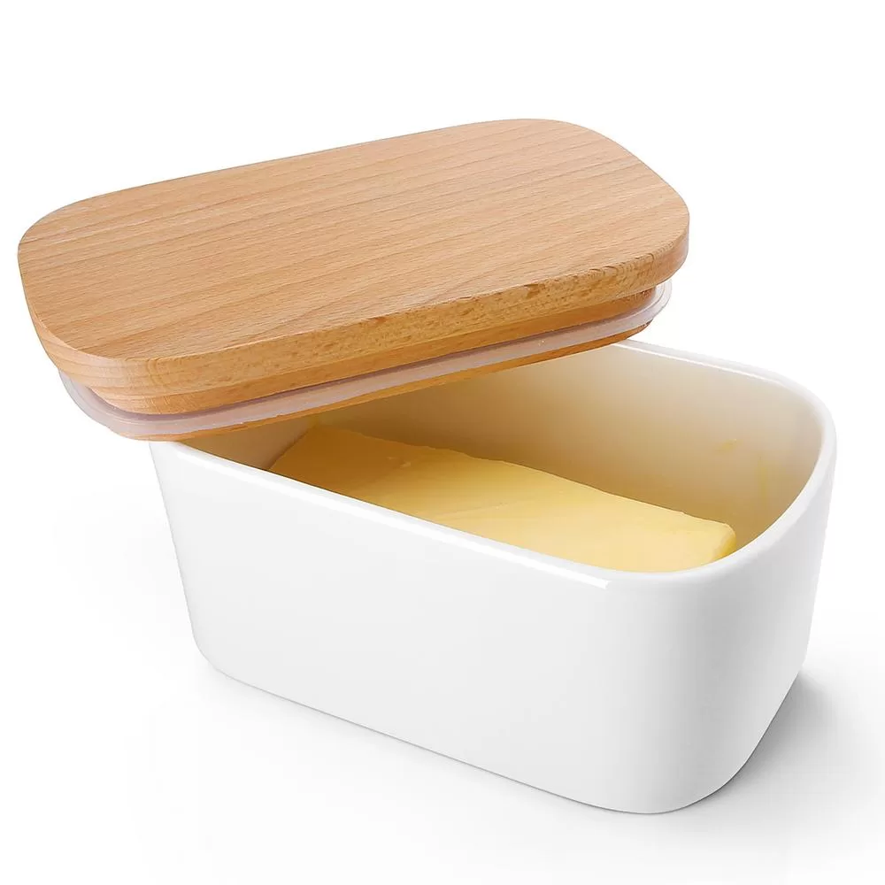 Sweese White Airtight Butter Dish Beech Wooden Lid