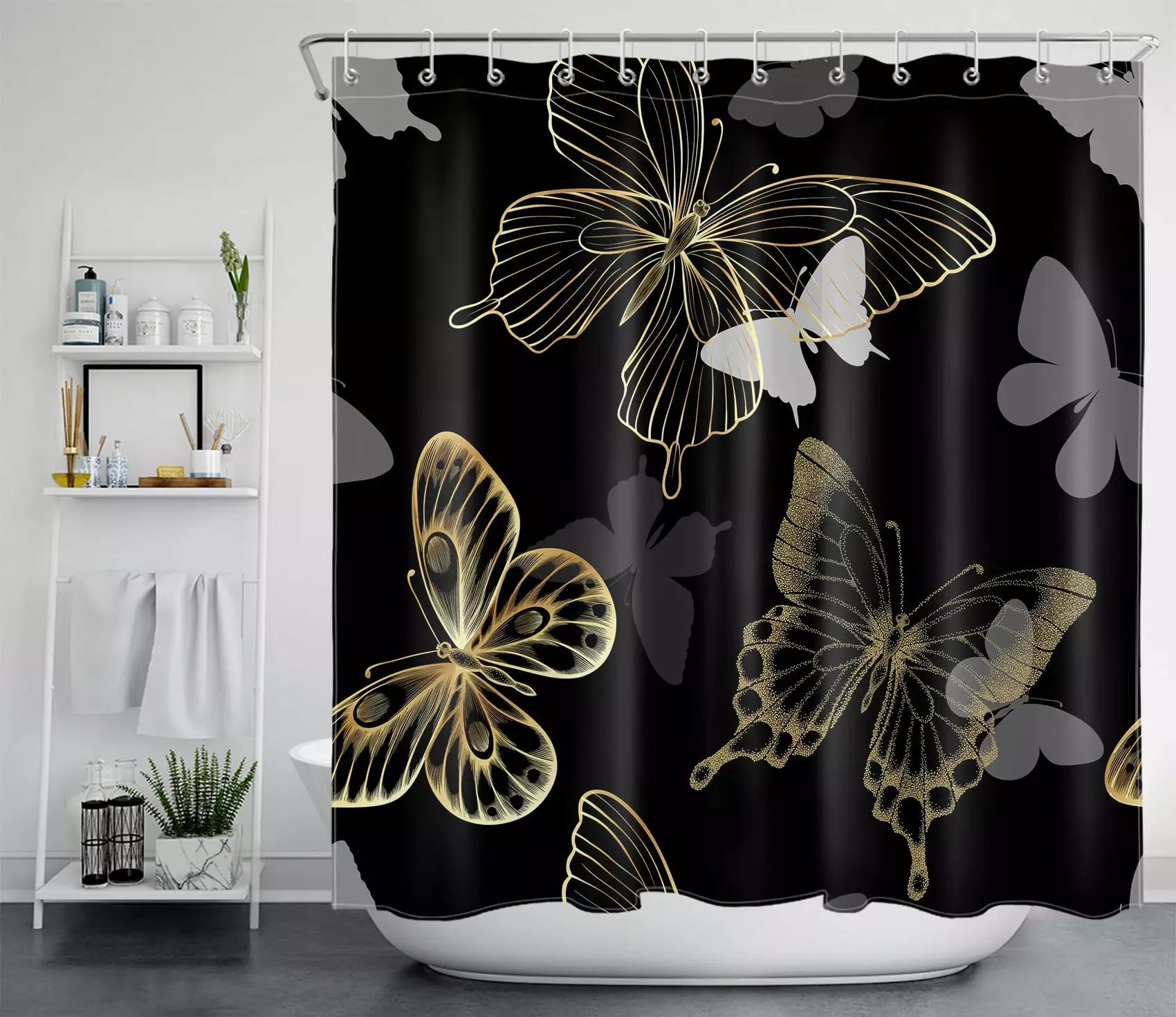 HVEST Vintage Gold Butterfly Shower Curtain Black Backdrop Modern Decor Girls Bathroom 70x69 Inches
