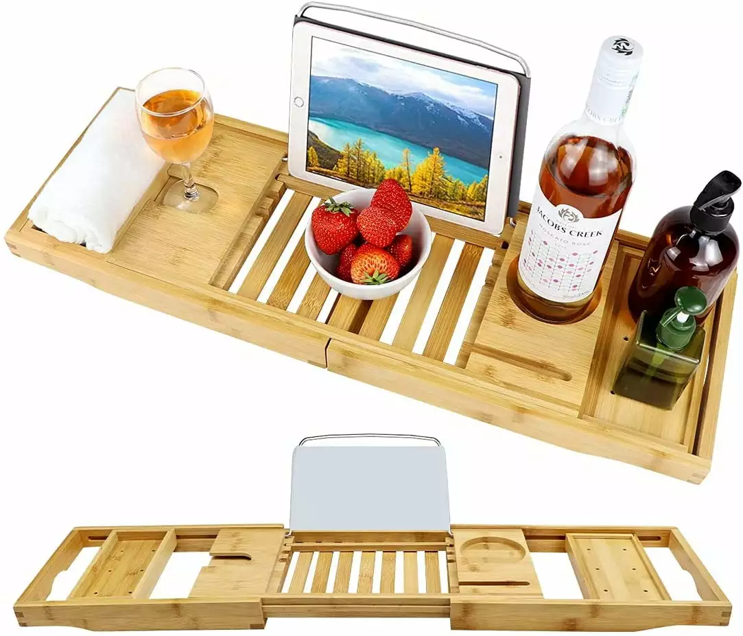 Brizi Living Adjustable Bamboo Bathtub Caddy Tray Luxury Bathroom