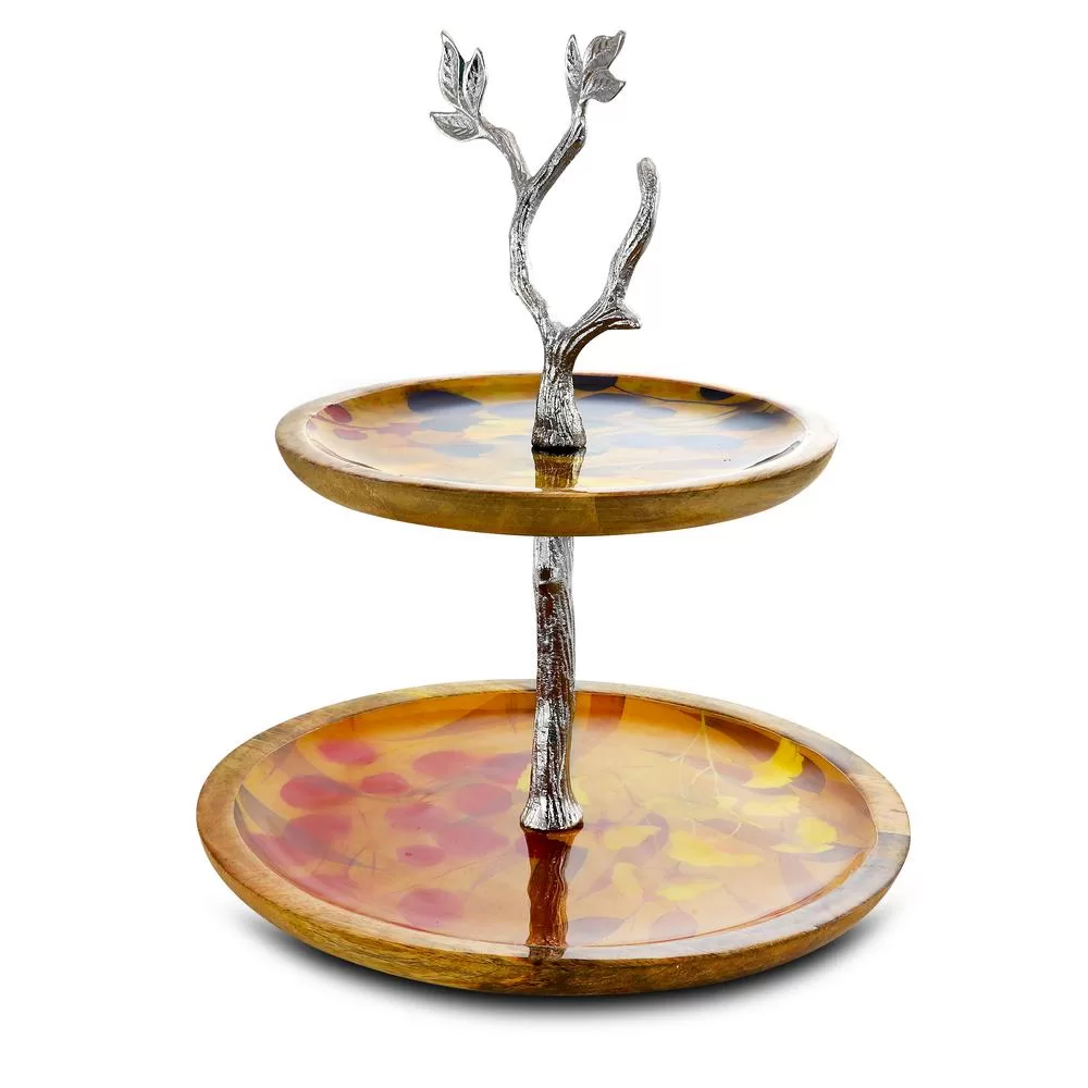GIBSON Elite Philomena 2-Tier Mango Wood Enameled Cake Stand