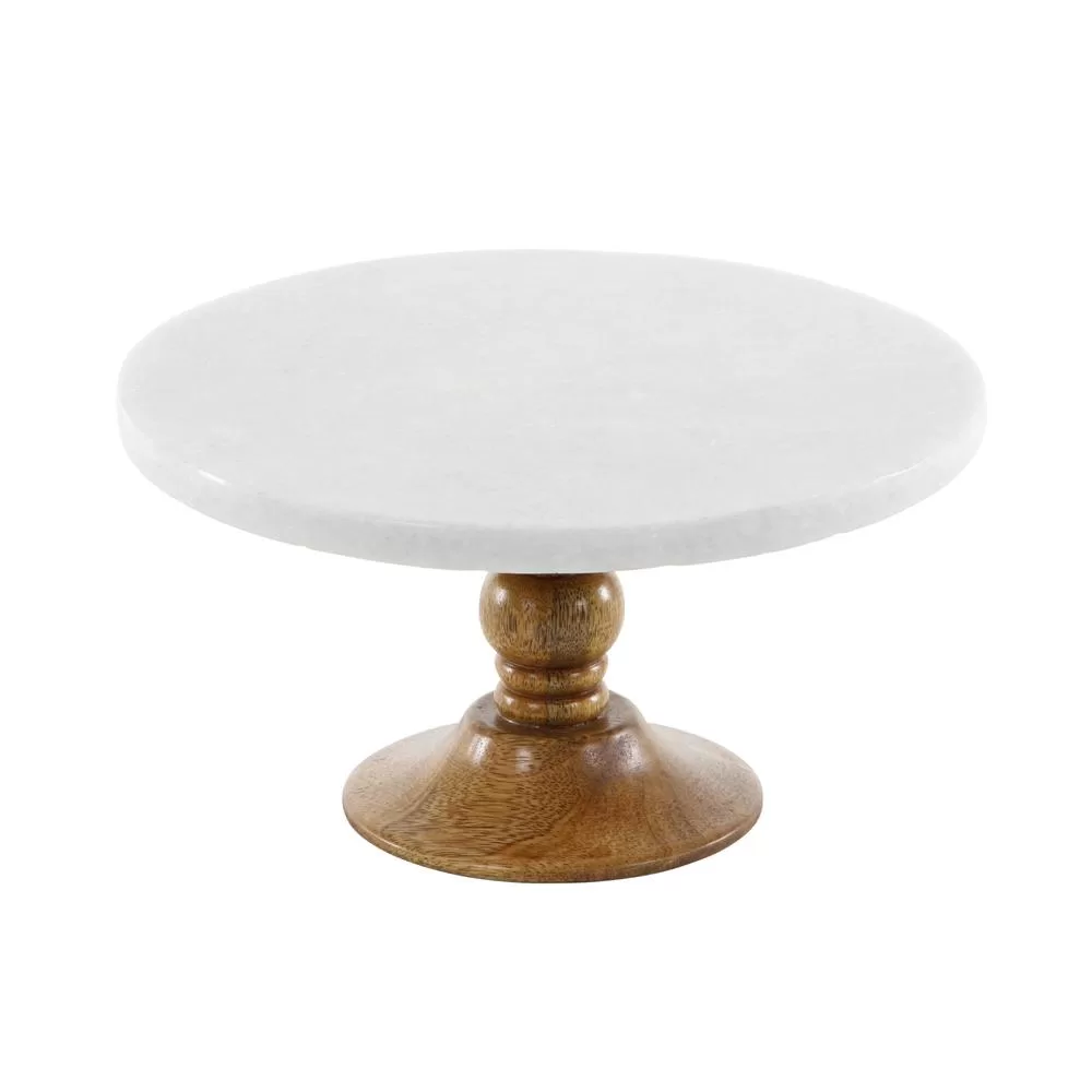LITTON LANE 10 x 5 Inch White Marble and Brown Wood Cake Stand Desserts