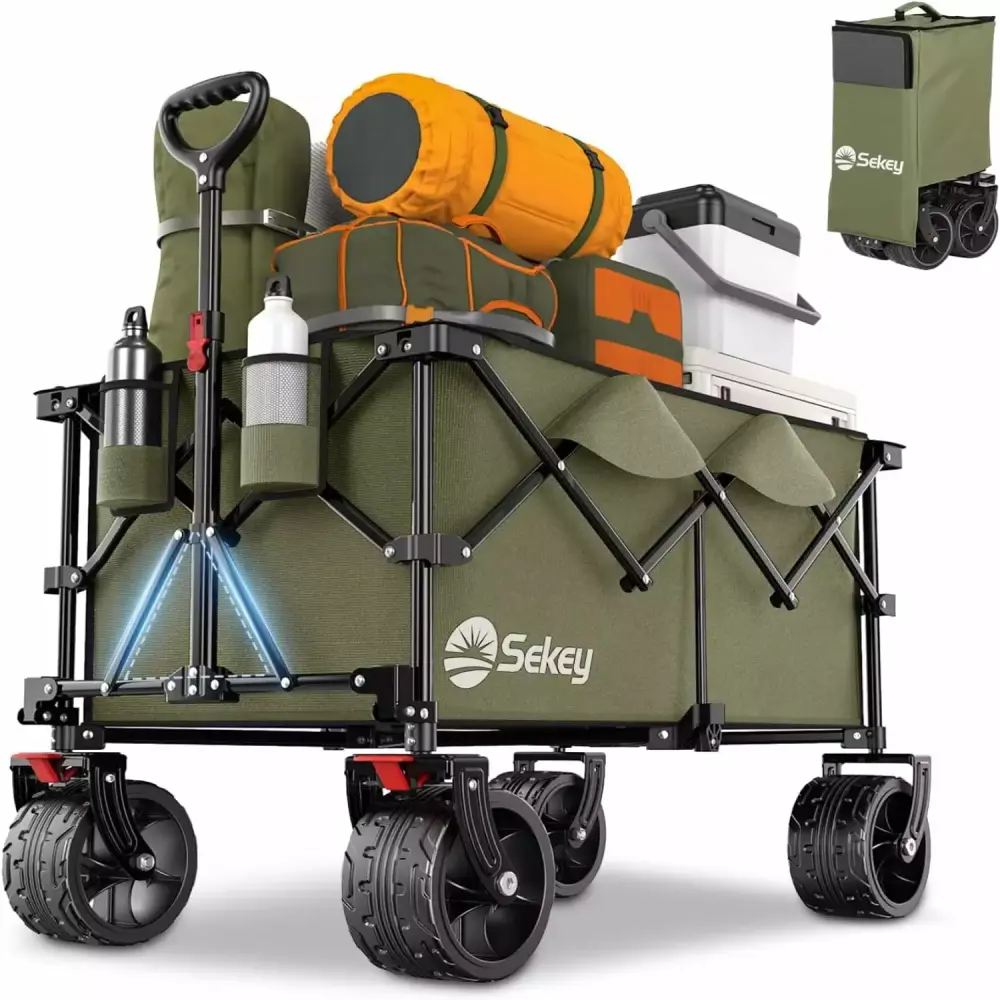 220L Collapsible Foldable Wagon 330lbs Capacity Heavy Duty Utility Garden Cart All-Terrain Beach Wheels and Drink Holders ...