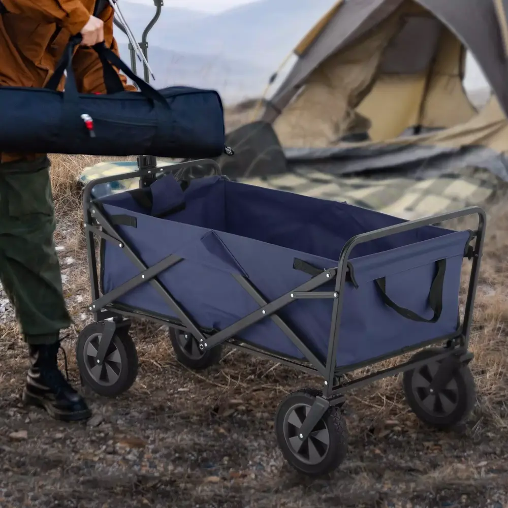 GDY Accessible Outdoor Camping Wagon Folding Cart Wheels Shopping Trolley Blue Blue